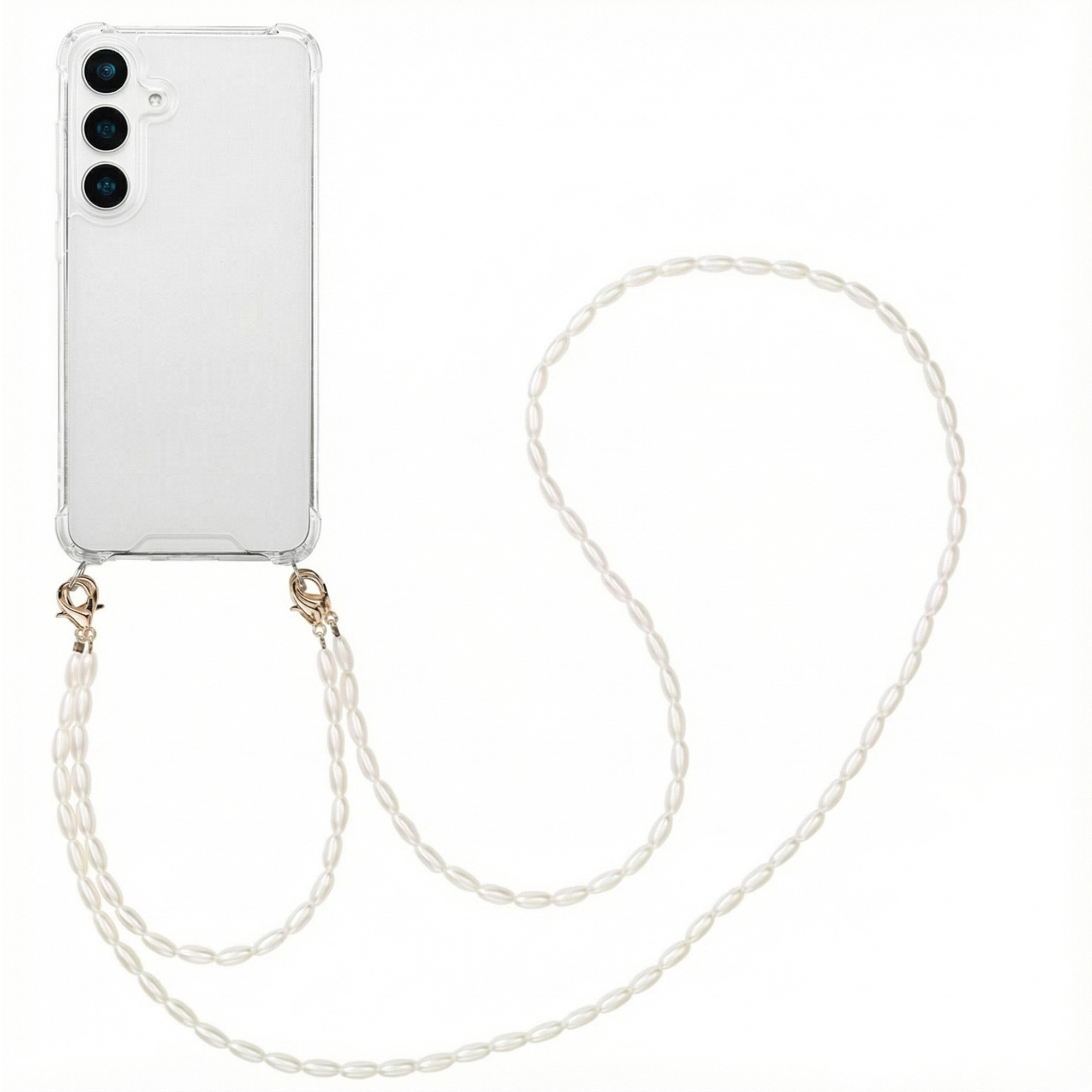 Une coque de téléphone transparente avec une lanière en perles.