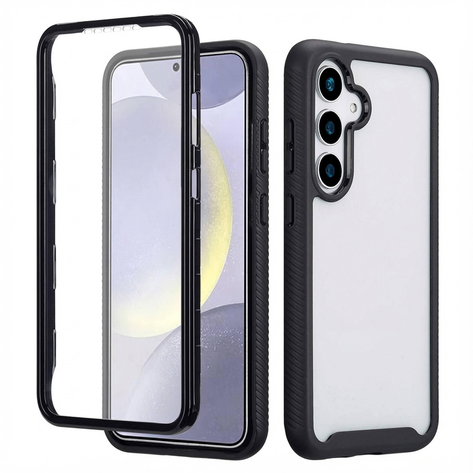 Due custodie per telefono nere, una trasparente con bordo nero, una con ritaglio fotocamera.