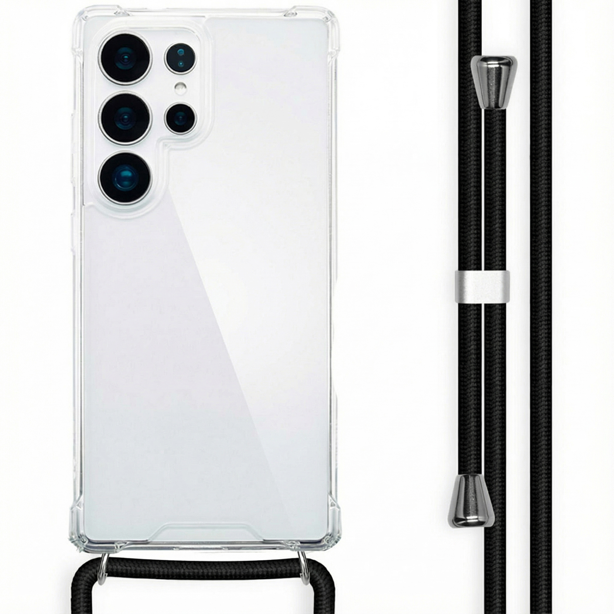 Coque de téléphone transparente avec cordon noir et détails argentés.