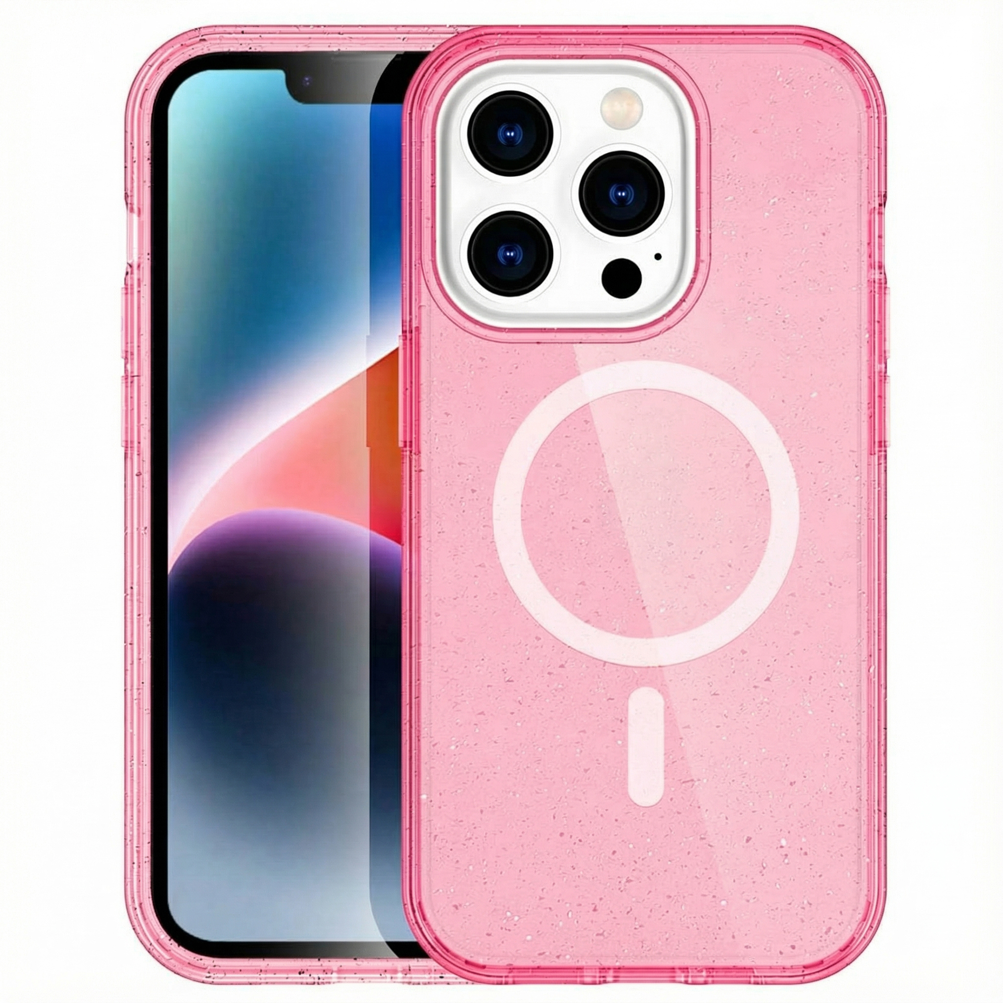 Une coque de téléphone rose à détails brillants et design cercle MagSafe.