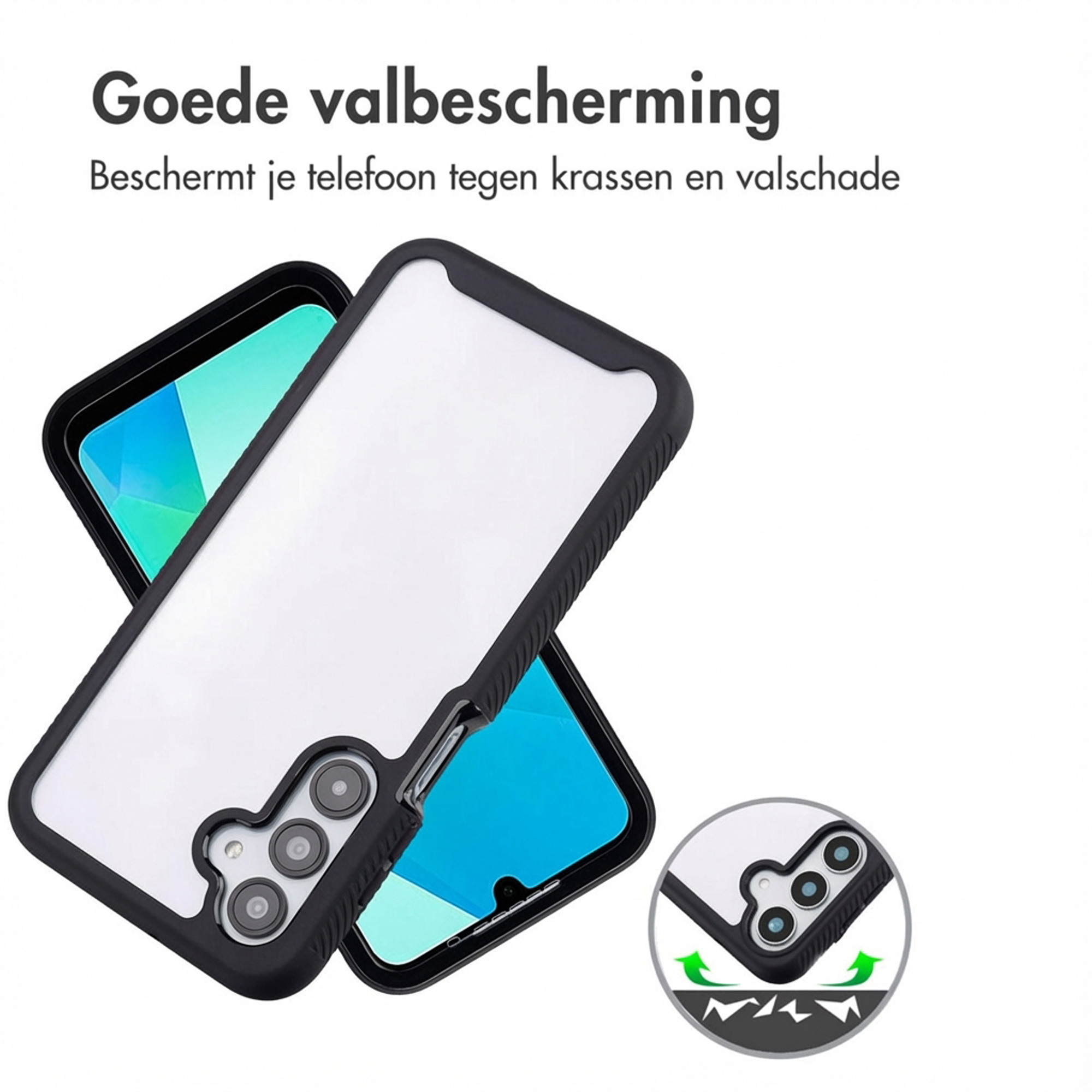 Une coque de téléphone blanche à bords noirs montre trois caméras. Un second téléphone est visible.