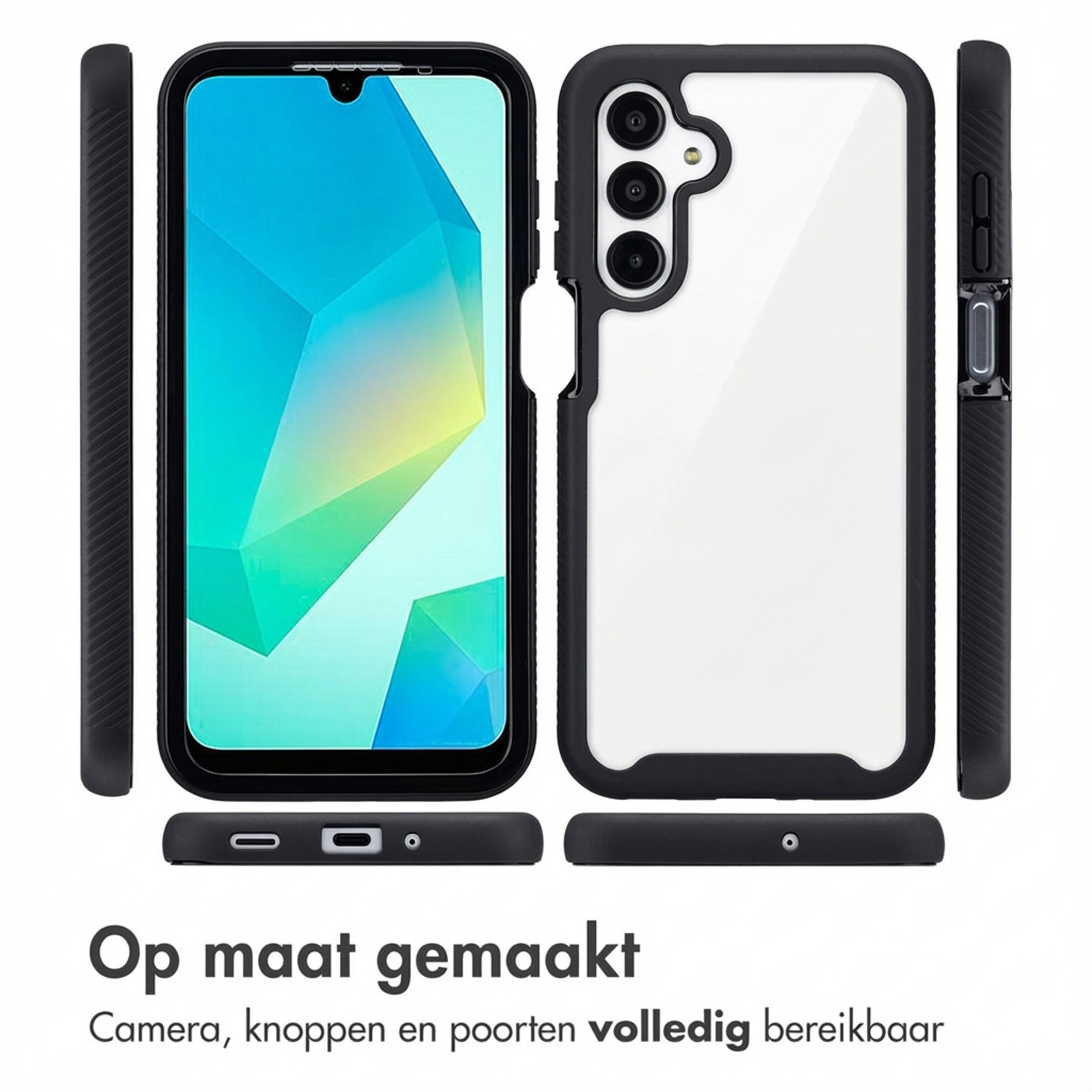Coque de téléphone noire avec dos transparent et découpe caméra.