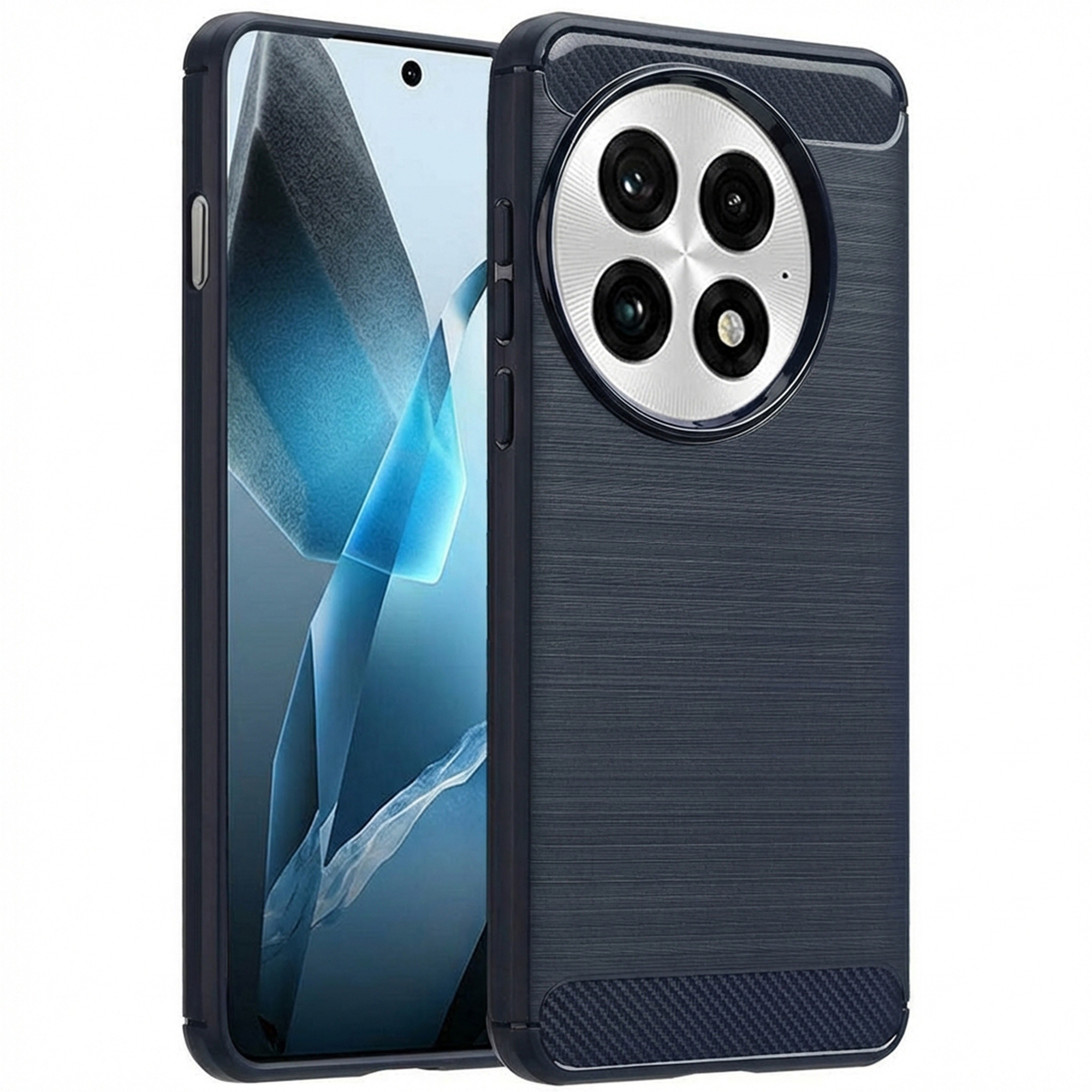 Een donkere smartphone met vier camera's aan de achterkant, naast een andere smartphone.