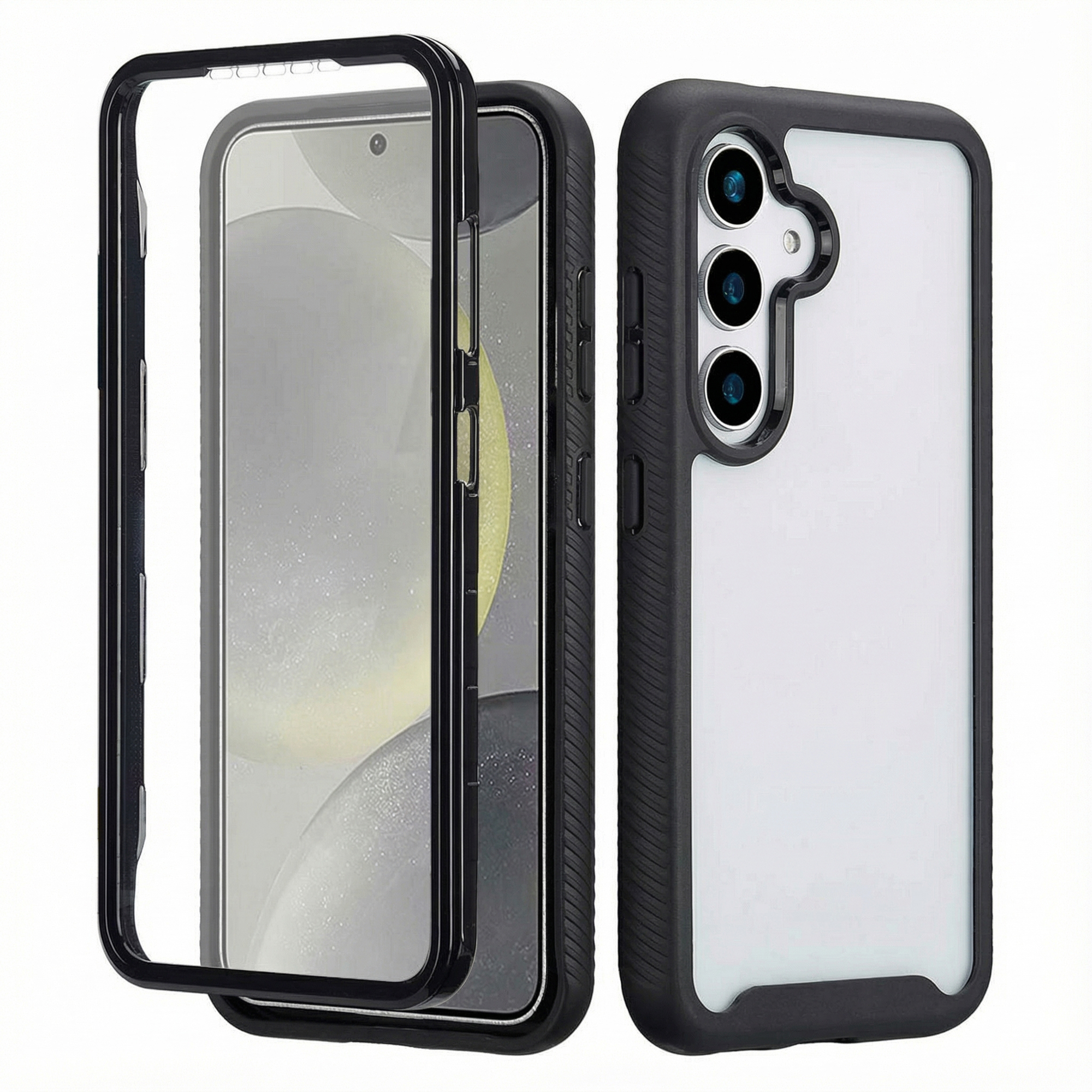 Une coque de téléphone noire avec dos transparent et trois caméras.