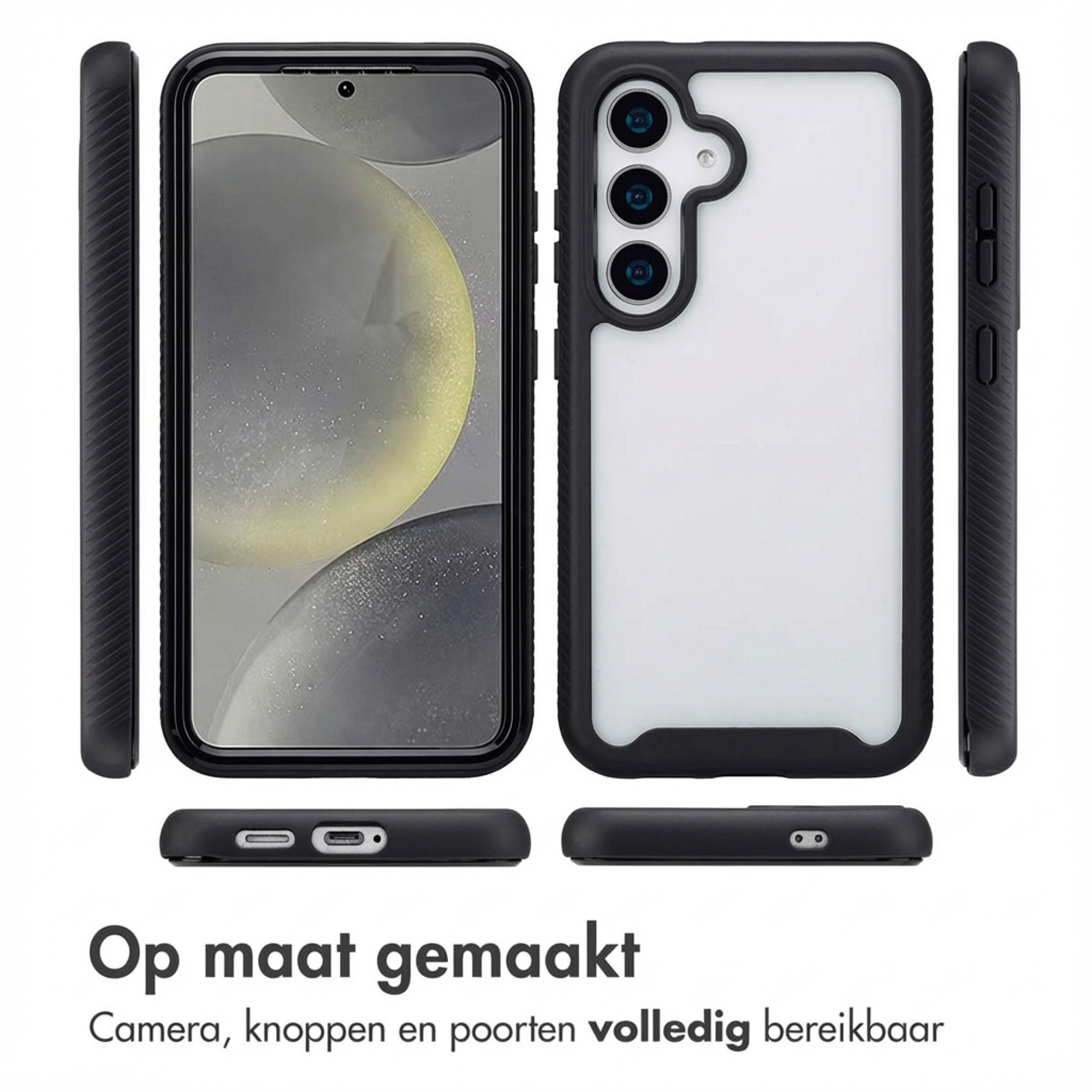 Coque de téléphone noire avec dos transparent, vues avant, arrière et latérale.