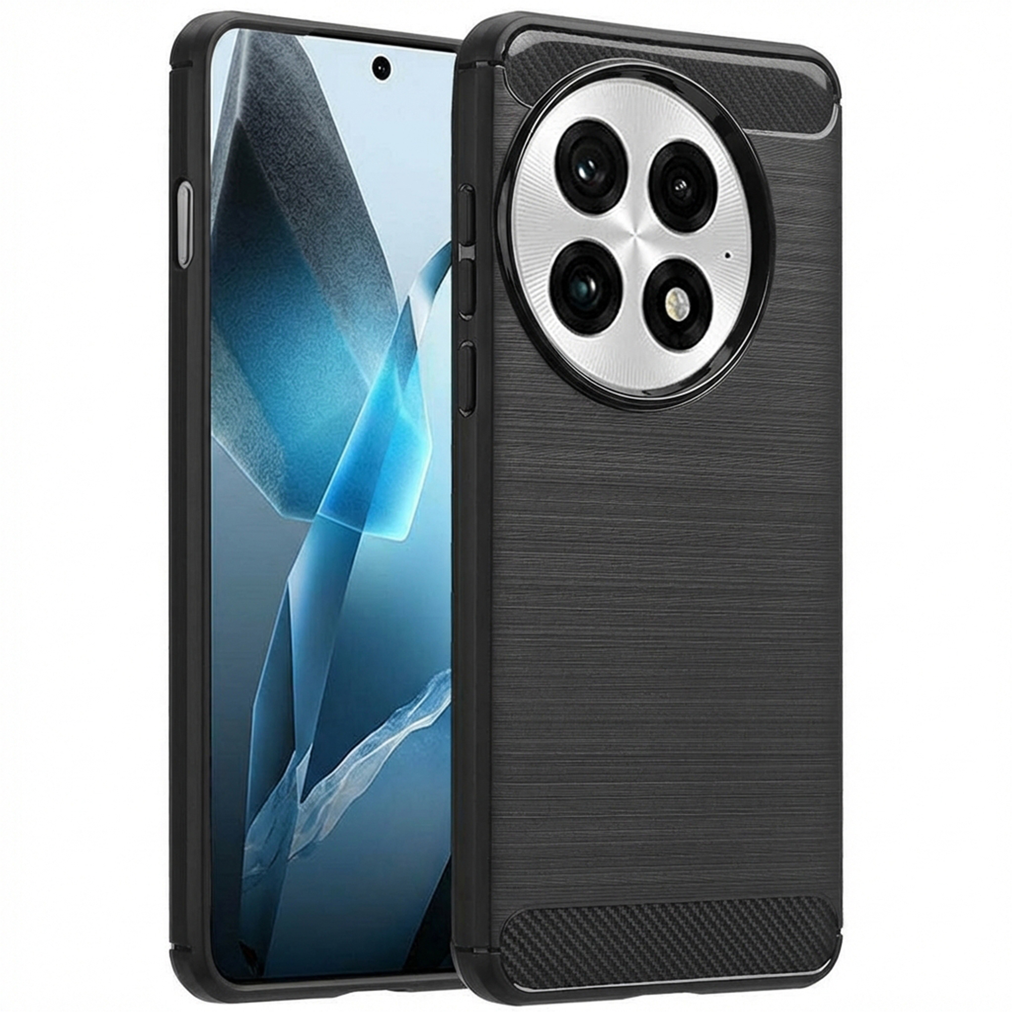 Zwarte telefoon met vier camera's, geborstelde metalen afwerking en carbon patroon.