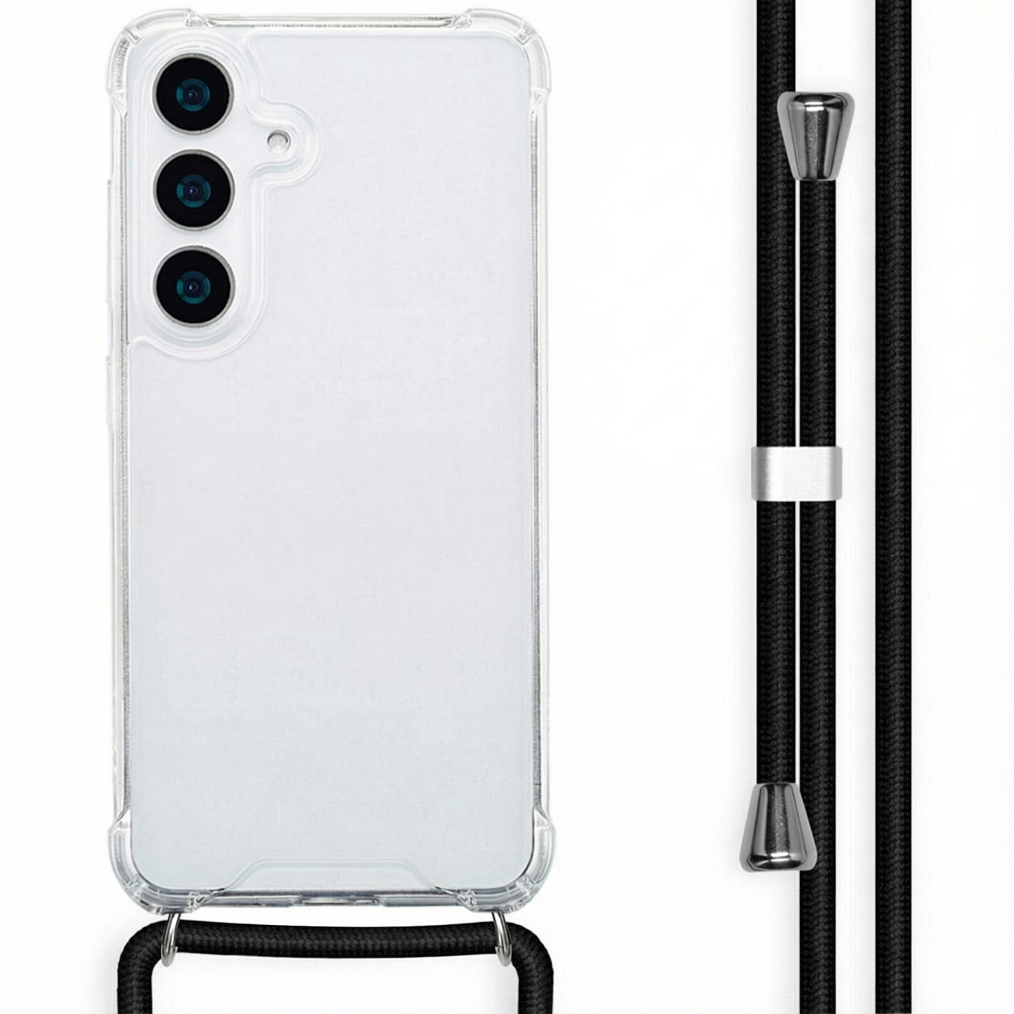 Transparante telefoonhoes met drie camera's en zwart koord.