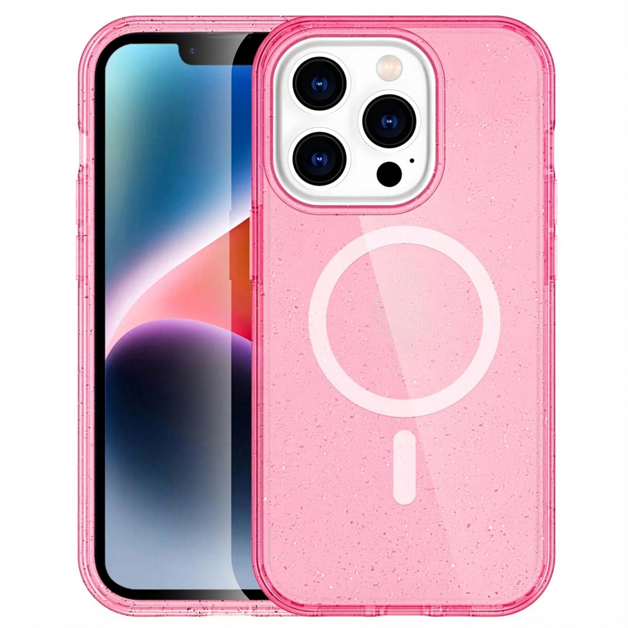 Une coque de téléphone rose pailletée avec un iPhone 14.