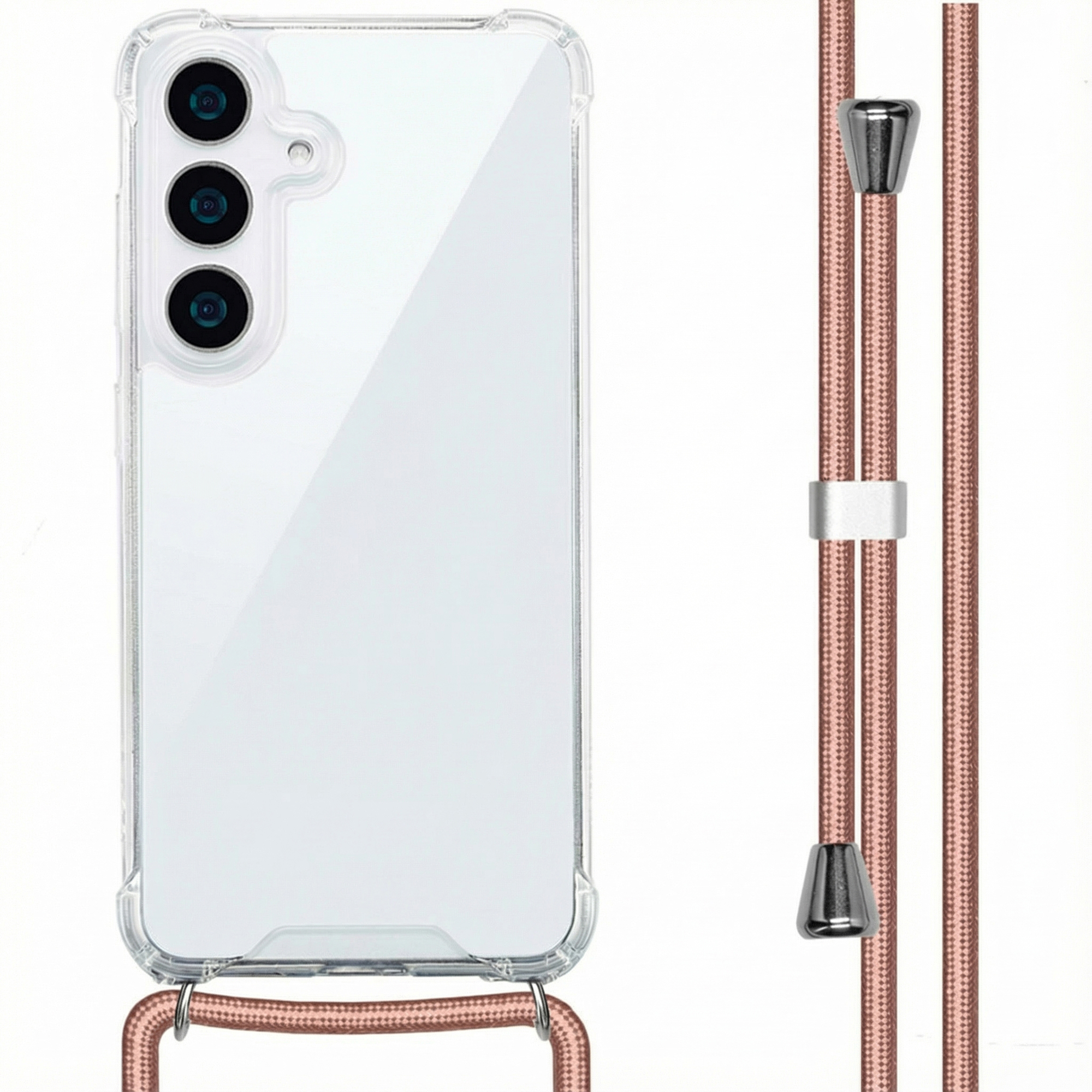 Doorzichtige telefoonhoes met drie camera's en roségouden koord.