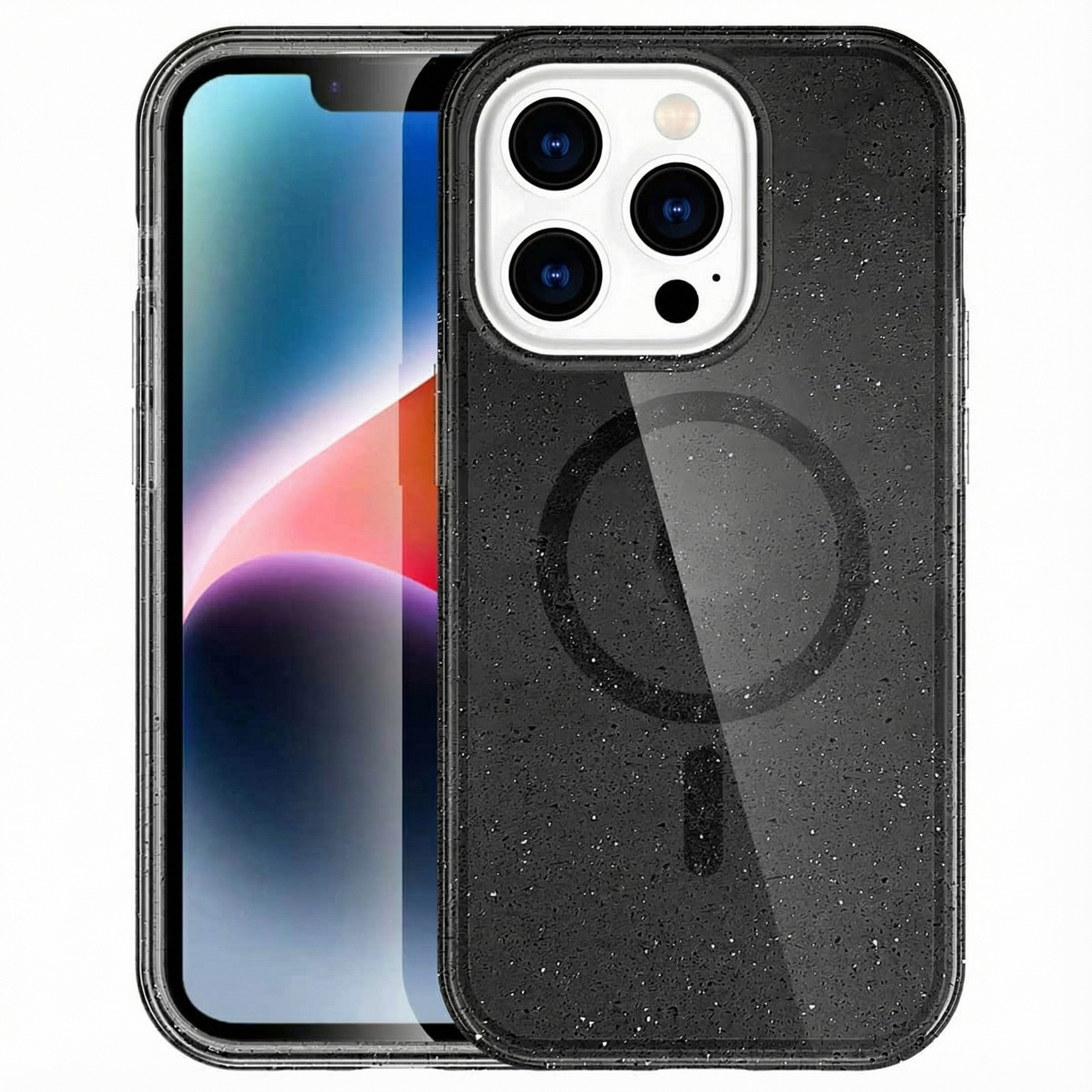Zwarte gespikkelde telefoonhoes met een iPhone met drie camera's.