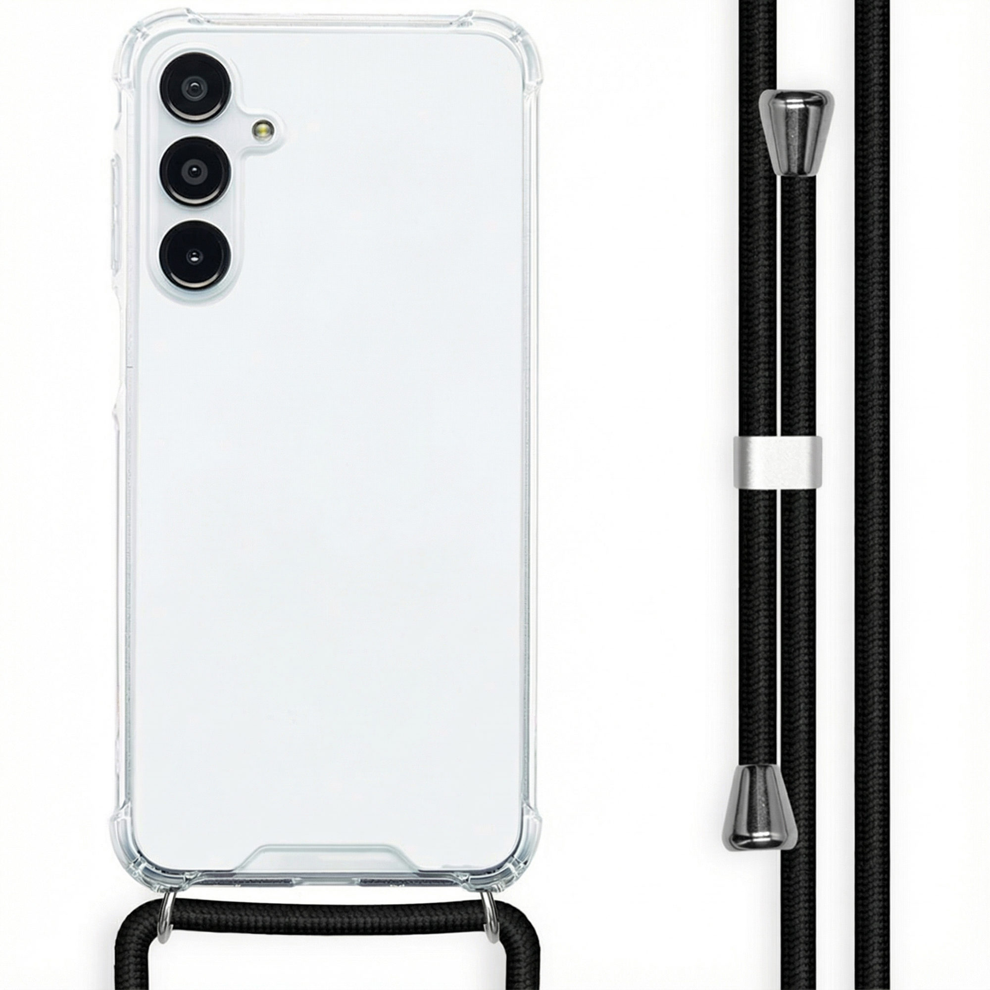 Een doorzichtige telefoonhoes met drie camera's en een zwart koord.