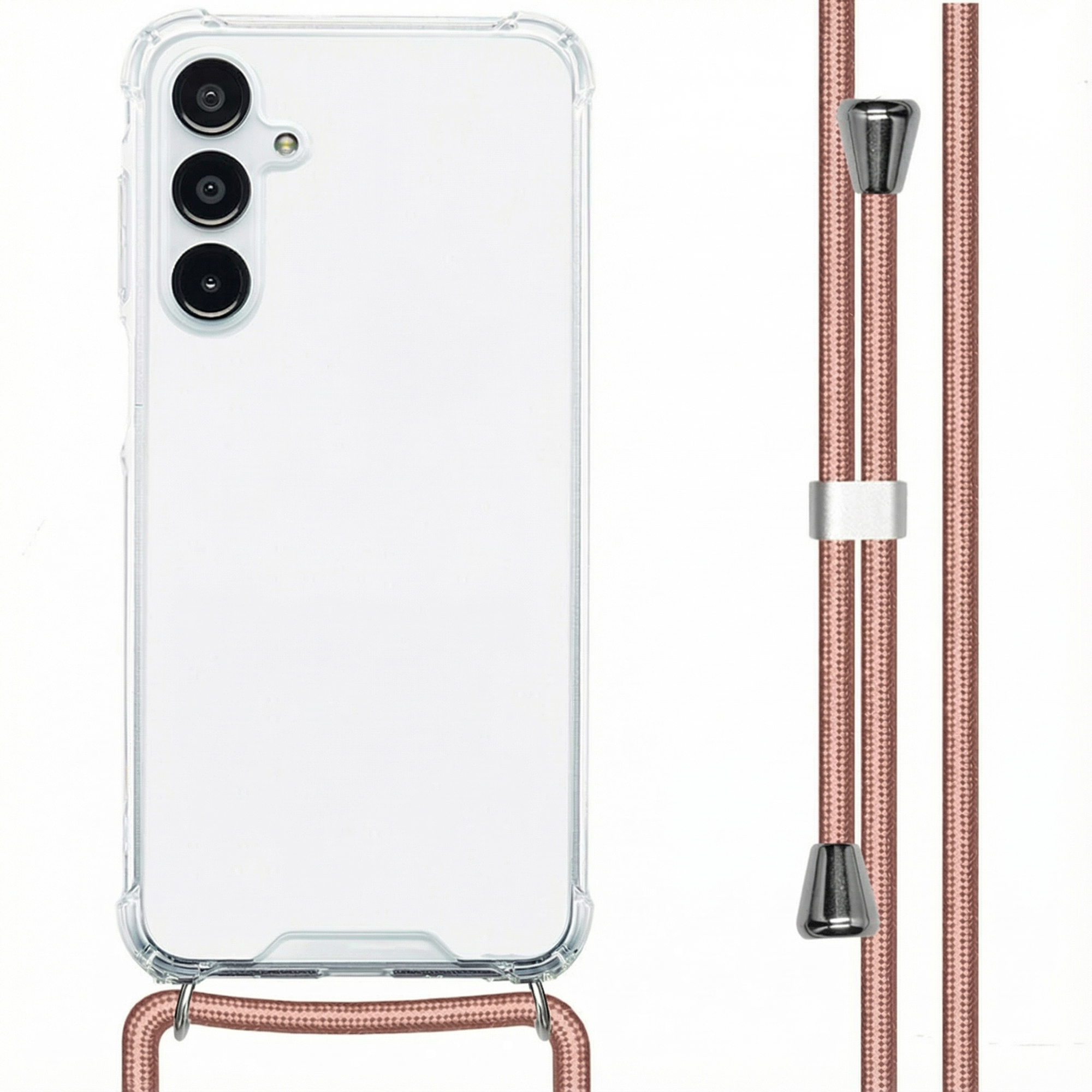 Doorzichtige telefoonhoes met drie camera's en roze koord.