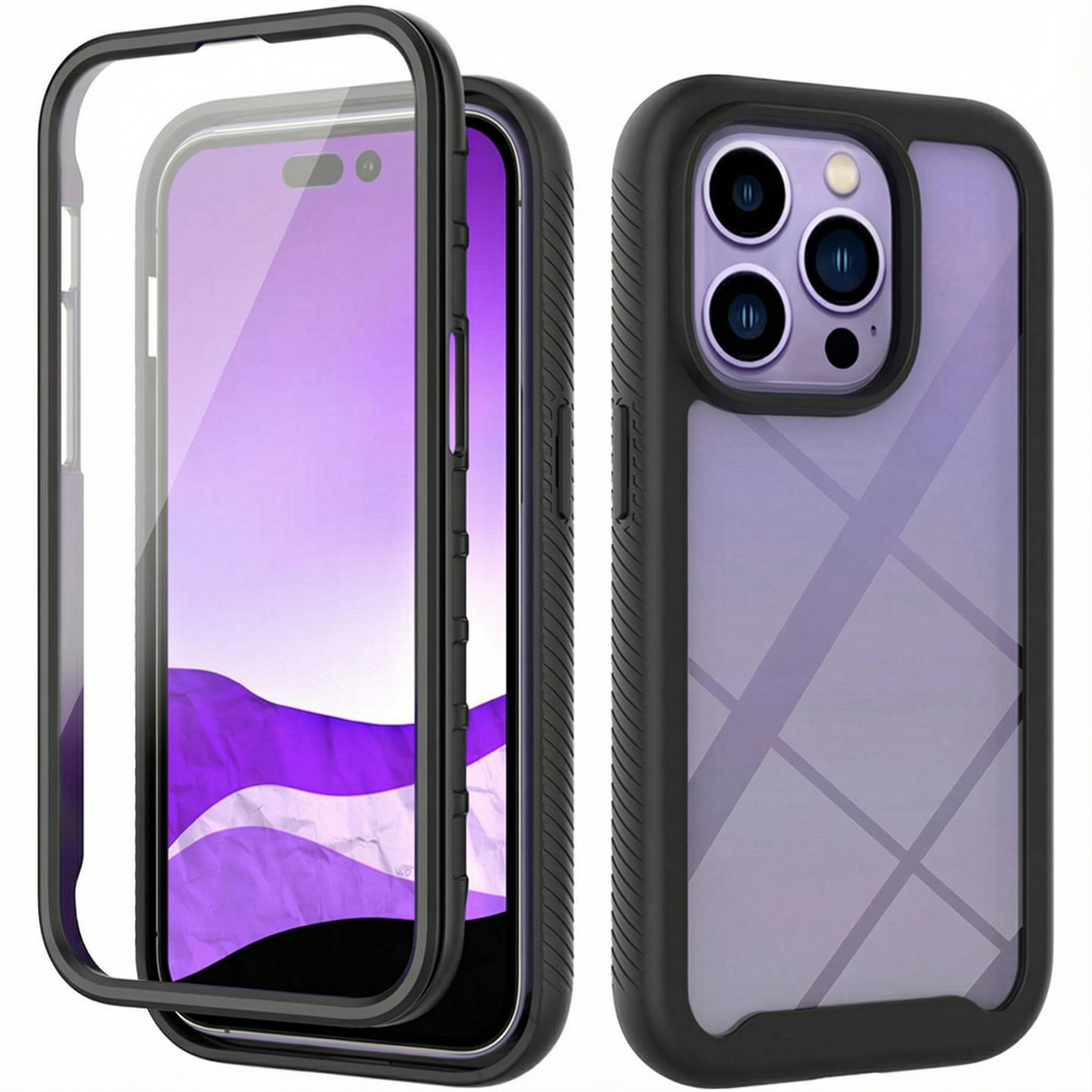 Set di custodie nere per telefono con retro trasparente.