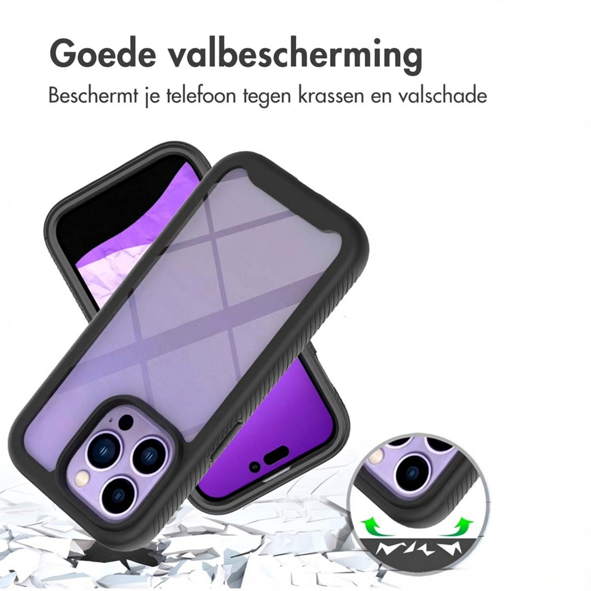 Cover nera per telefono con retro viola che cade su terreno frantumato.