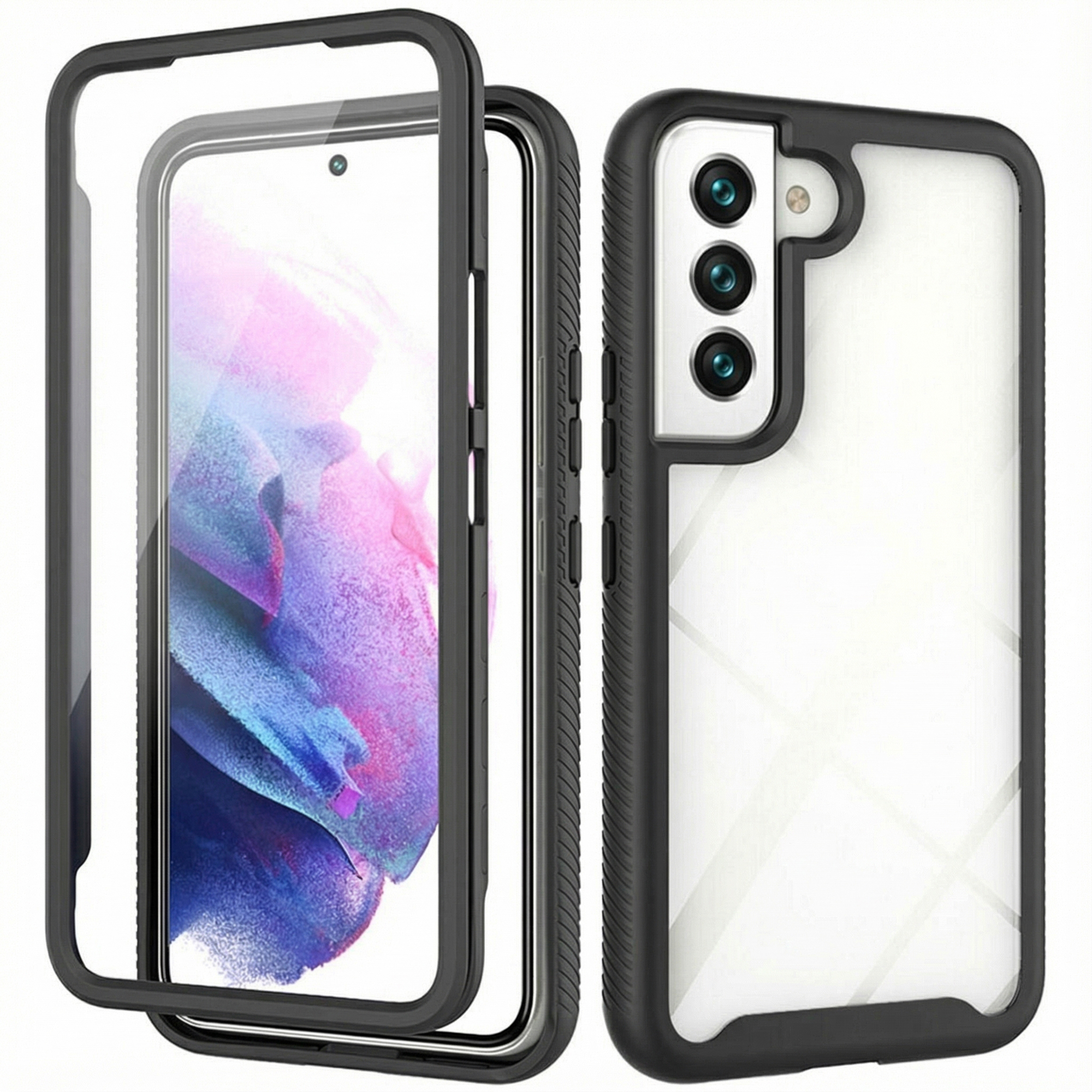 Een zwarte telefoonhoes set met een doorzichtige achterkant en een telefoon met kleurrijke achtergrond.
