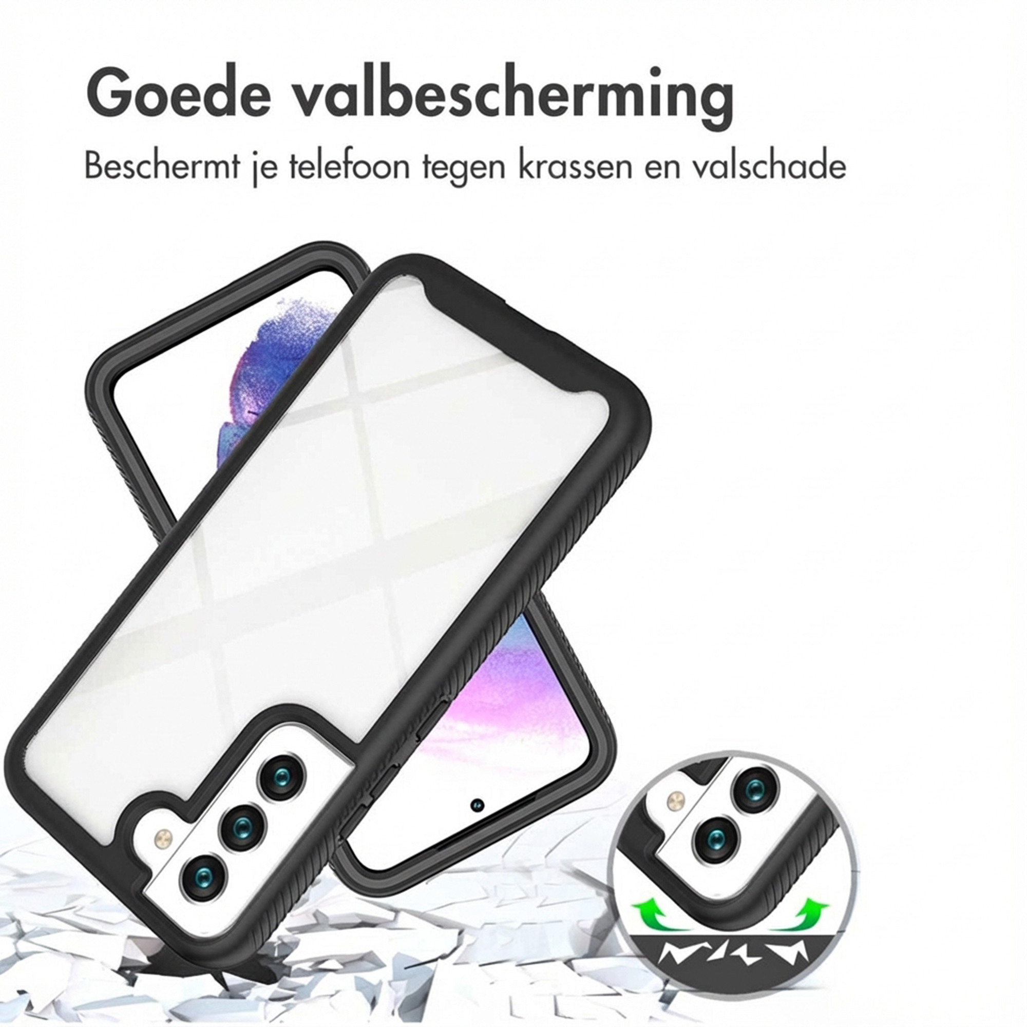 Doorzichtige telefoonhoes met zwarte rand op gebroken achtergrond.