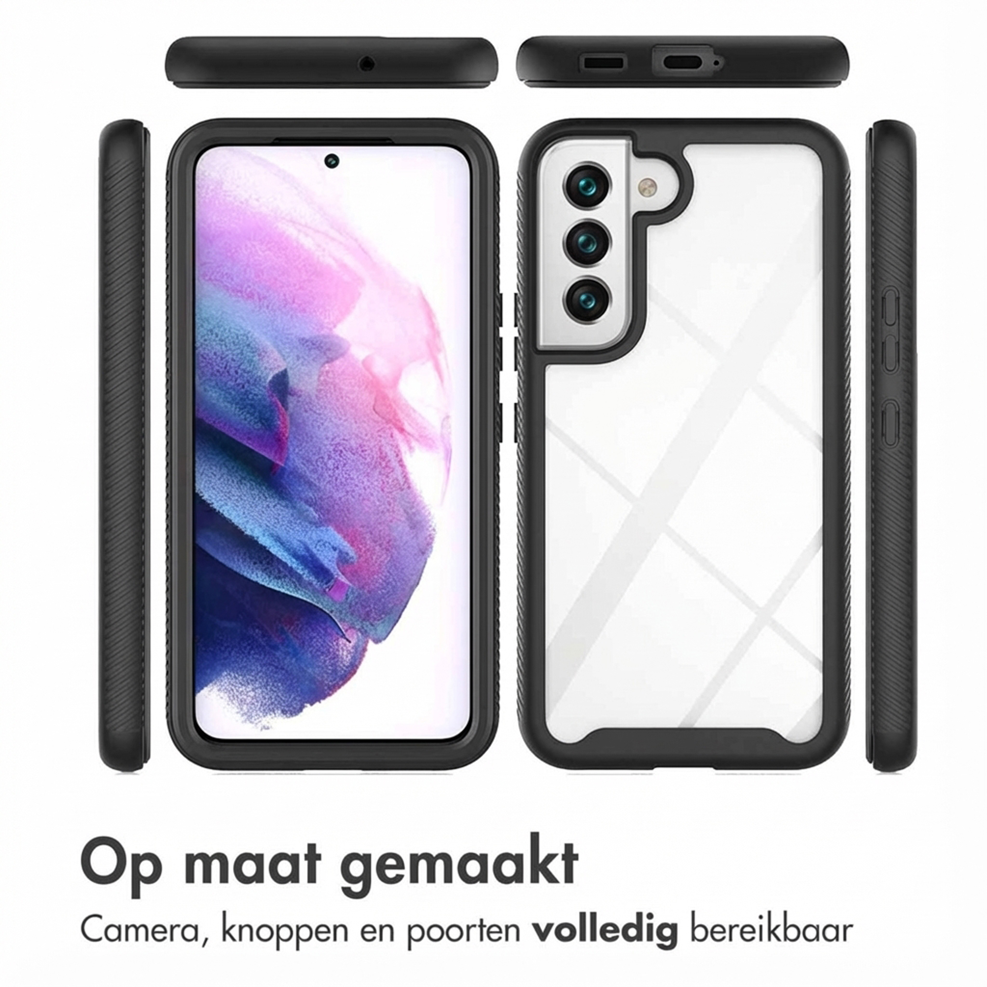 Zwarte telefoonhoes met doorzichtige achterkant, toont voor-, achter- en zijaanzichten.