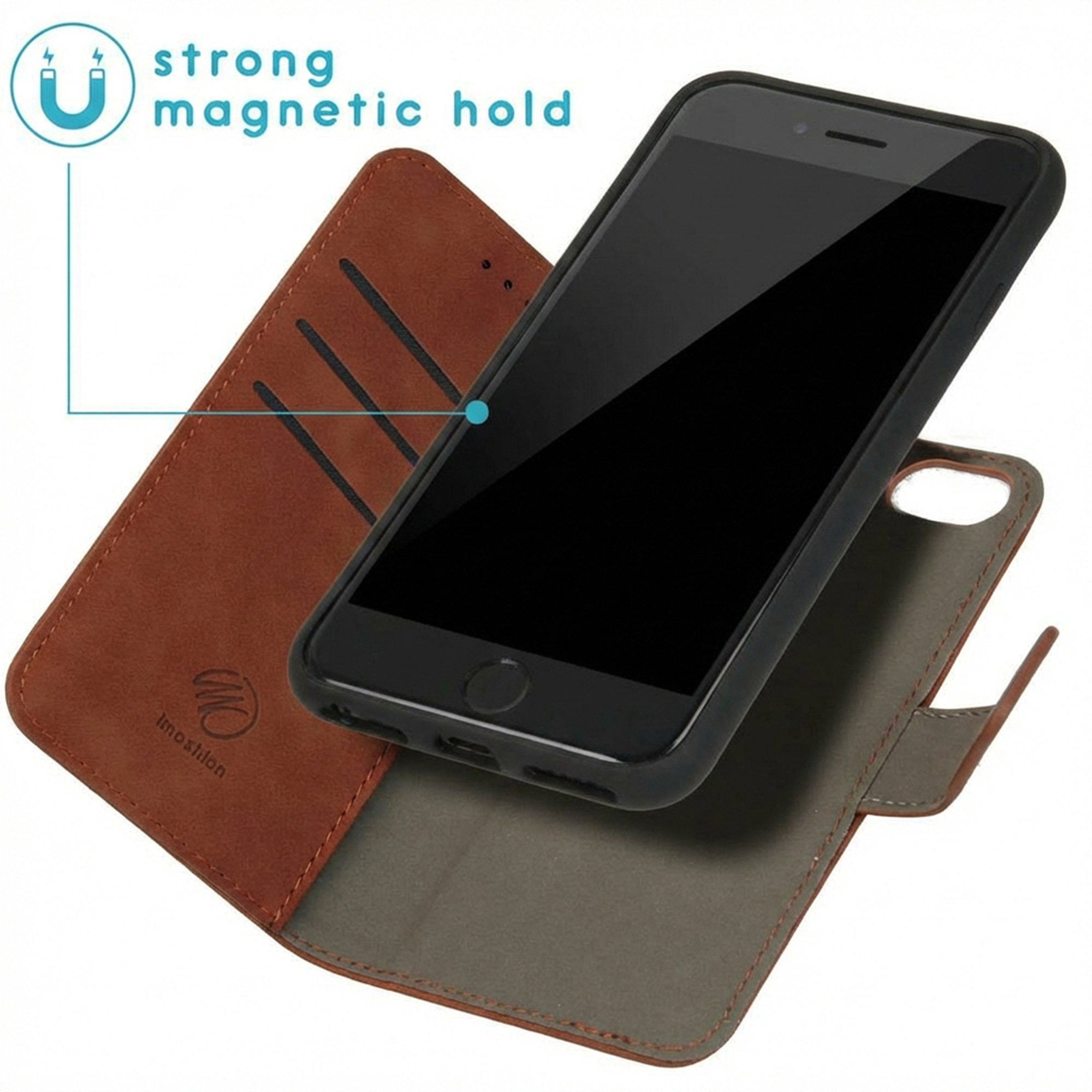 Bruine lederen telefoonhoes met sterke magnetische sluiting.