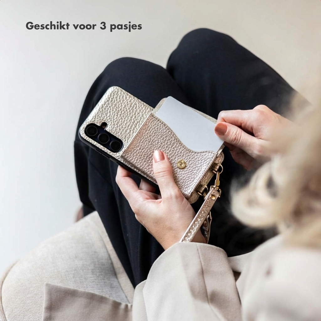 Gouden telefoonhoesje met kaarthouder en polsbandje, vastgehouden door een vrouw.