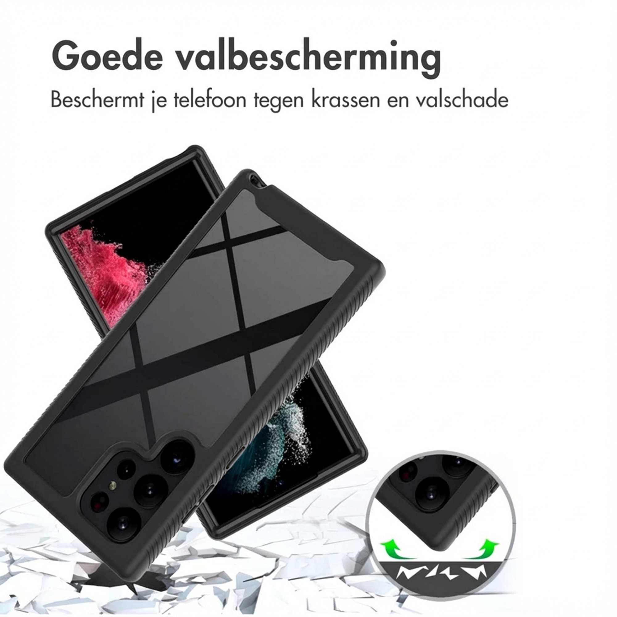 Zwarte telefoonhoes met camera's, beschermt tegen valschade.
