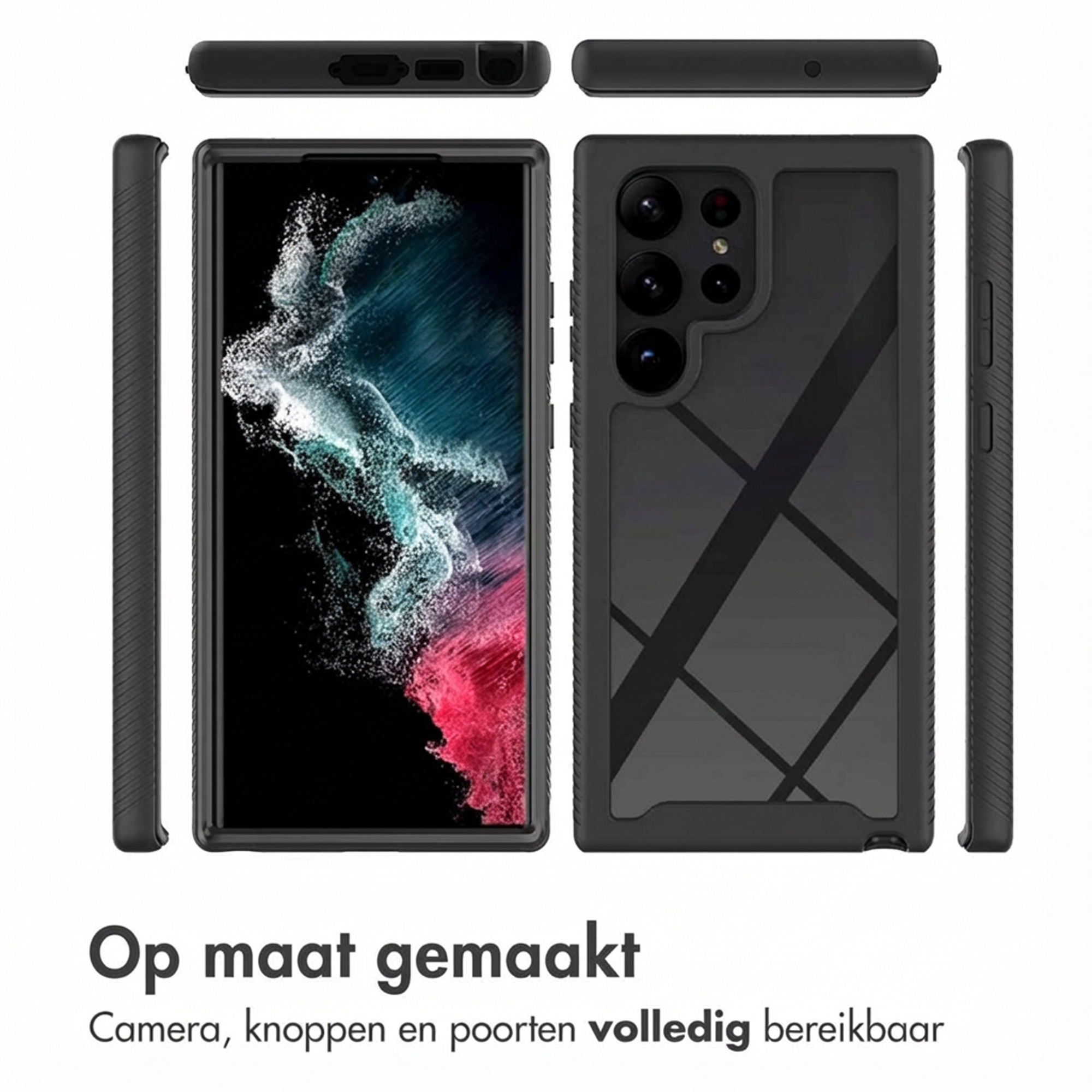 Zwarte smartphone met hoesje, vanuit meerdere hoeken getoond.