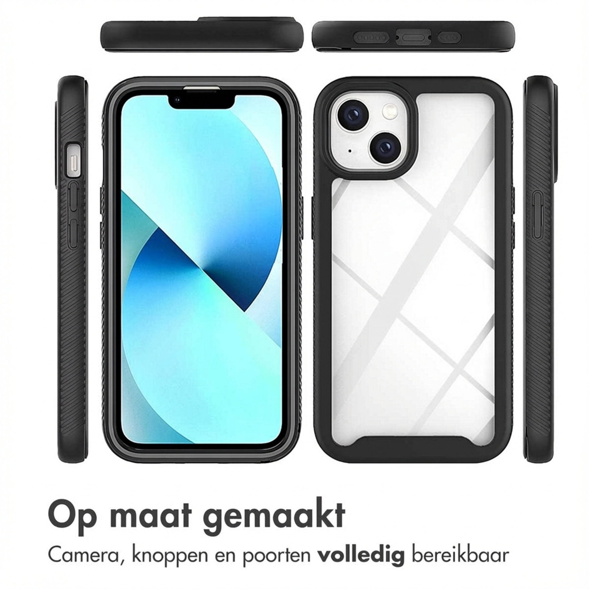 Custodia nera per iPhone con retro trasparente, mostrata da tutte le angolazioni.