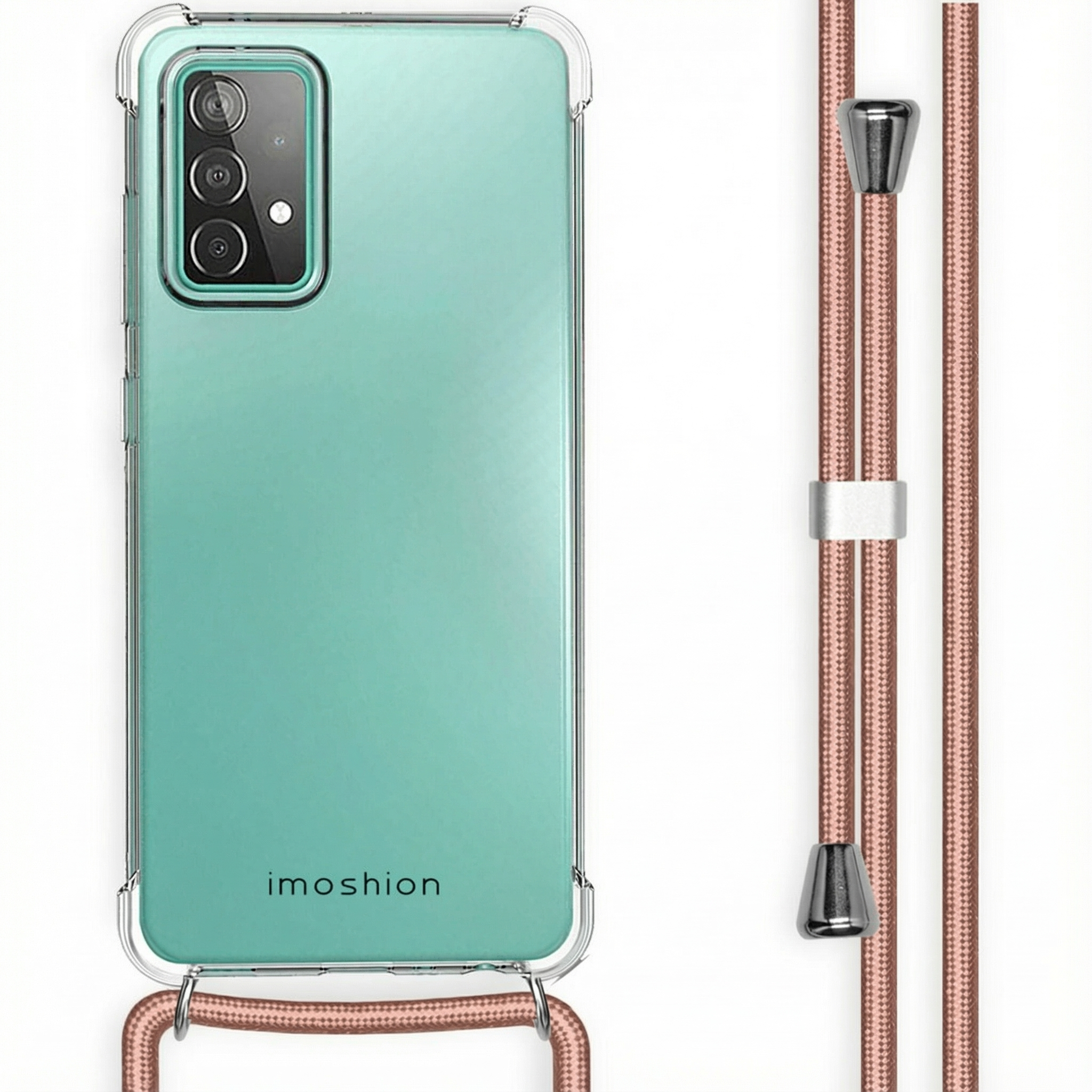 Coque de téléphone turquoise avec système photo et cordon or rose.
