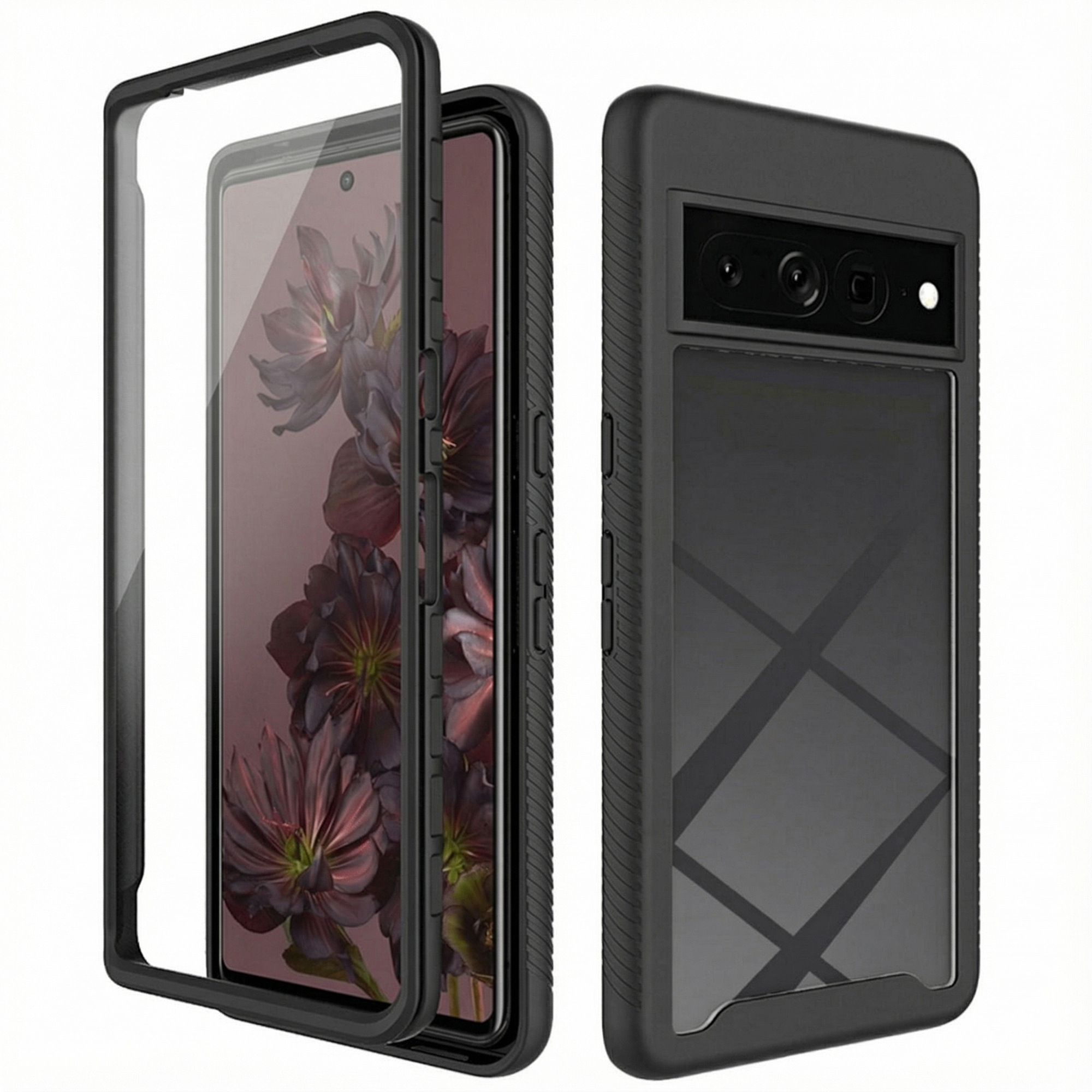 Een zwarte telefoon in een doorzichtige hoes, met bloemenachtergrond.