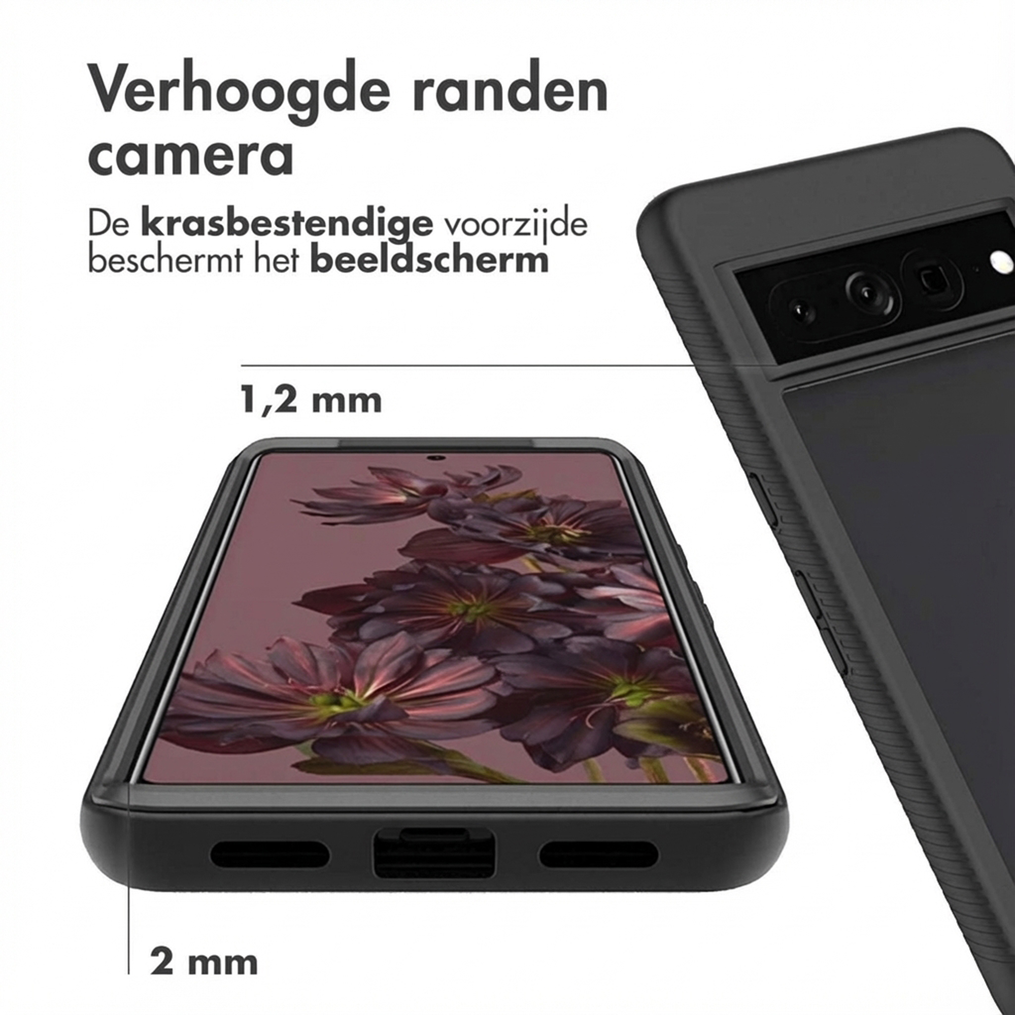 Zwarte telefoonhoes met verhoogde randen voor camera en scherm.