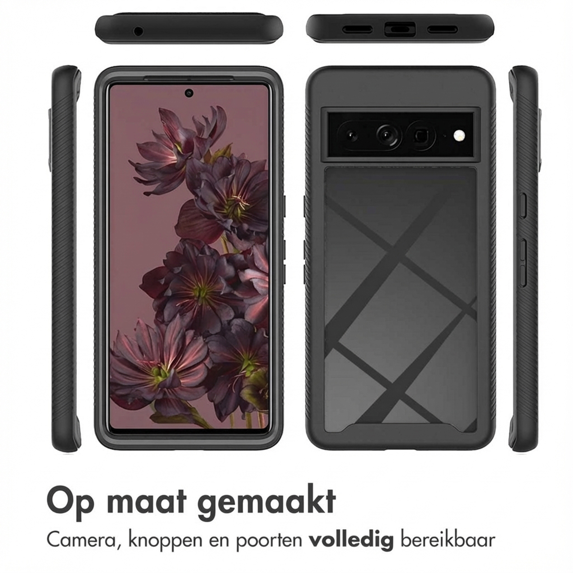 Zwarte telefoonhoes vanuit meerdere hoeken getoond met scherm en camera.