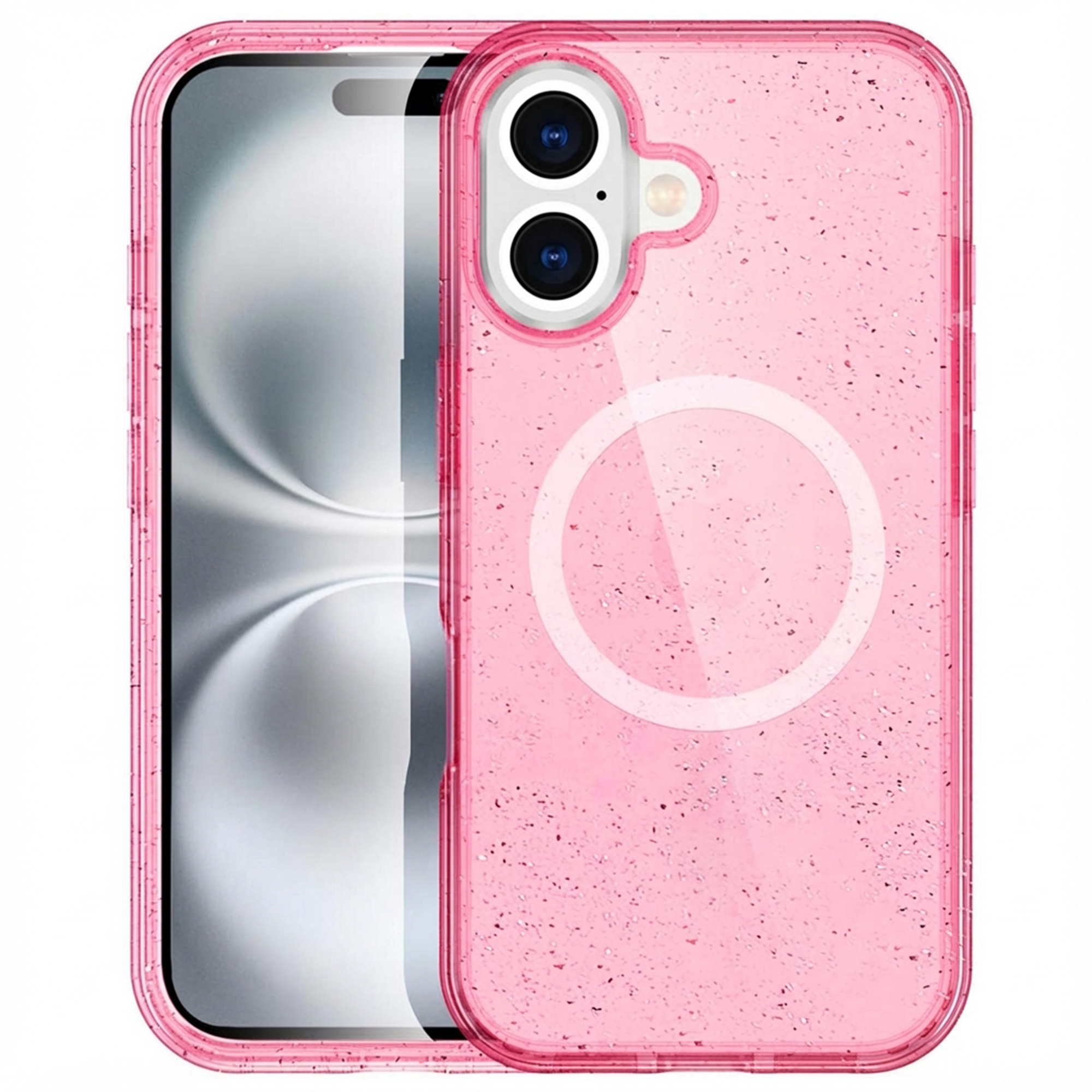 Een doorzichtige roze glitter case voor een iPhone, met camera's.