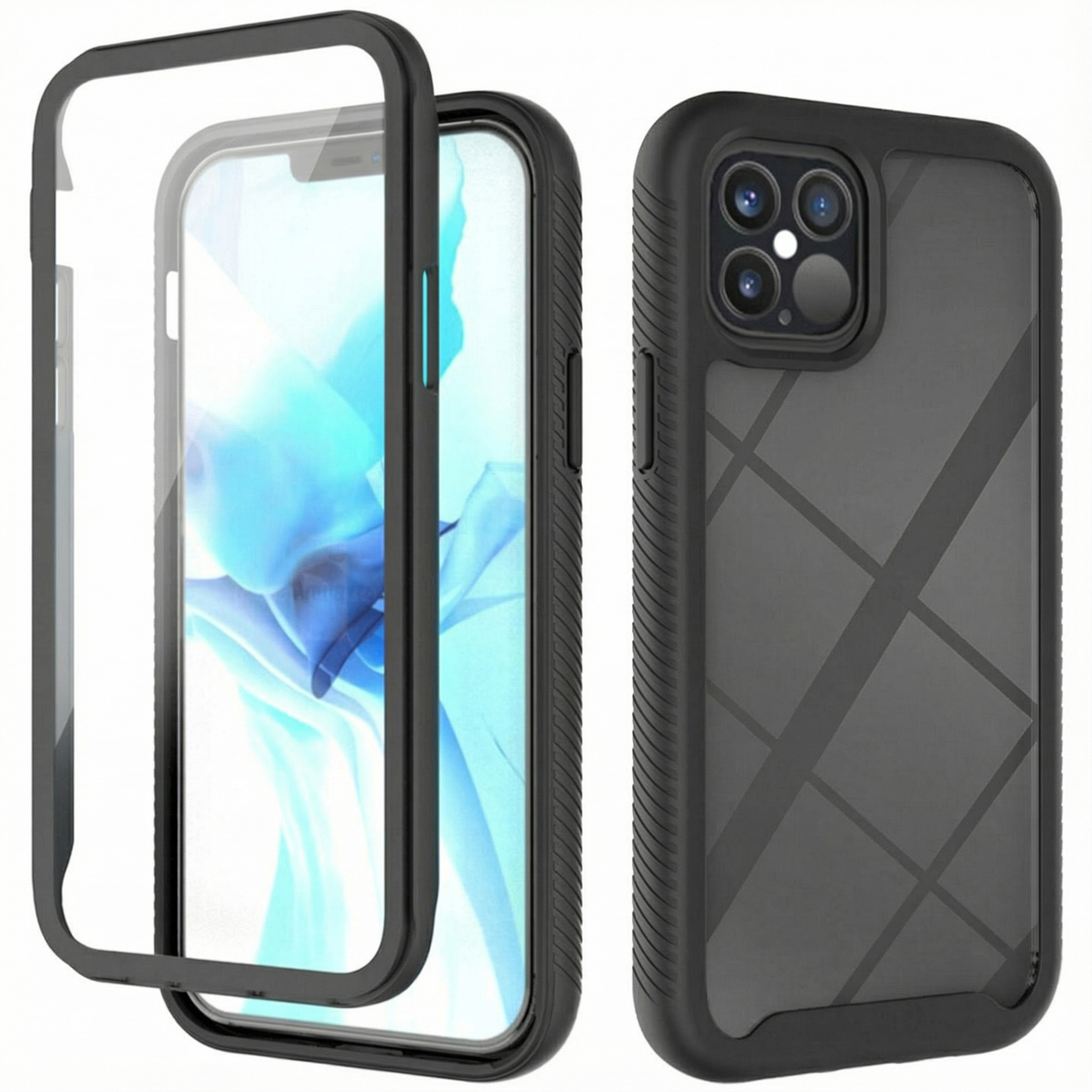 Deux coques de téléphone noires sur fond blanc. L'une montre un avant transparent.