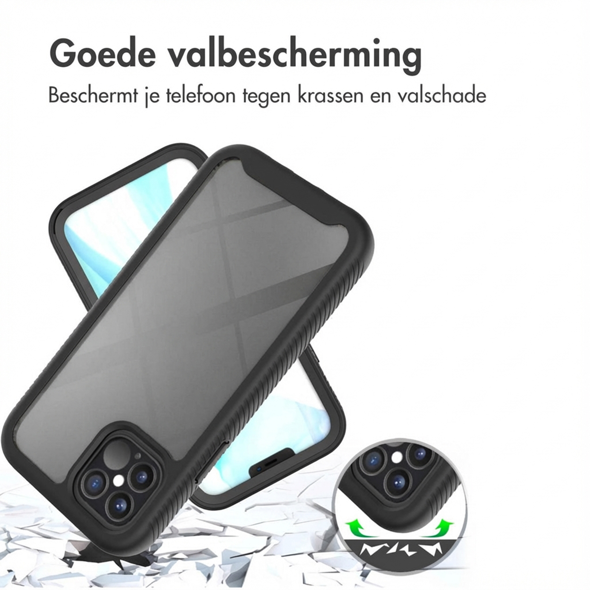 Coque de téléphone noire avec trois caméras, sur sol brisé.