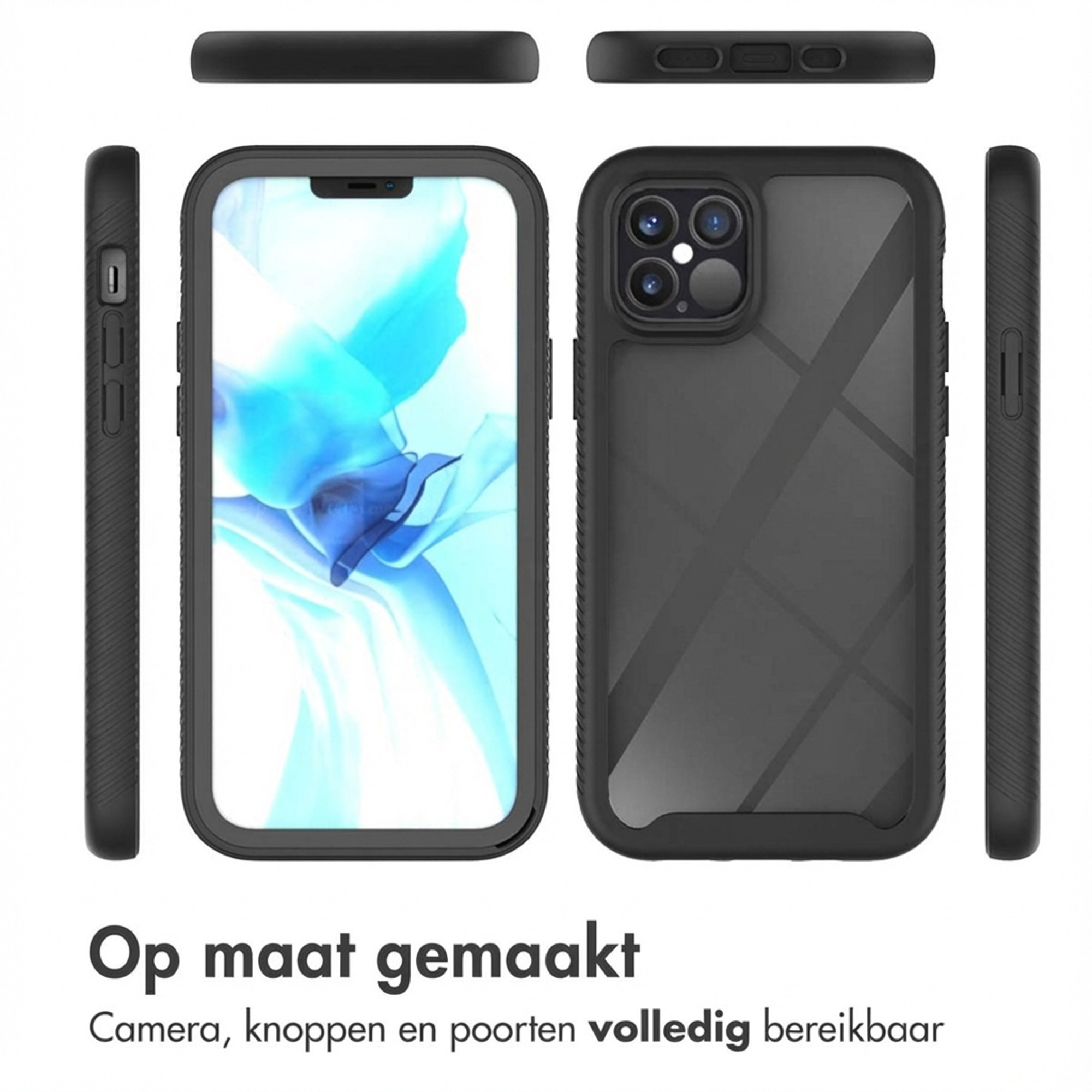Coque de téléphone noire vue de face, de dos et de côté, avec le téléphone.
