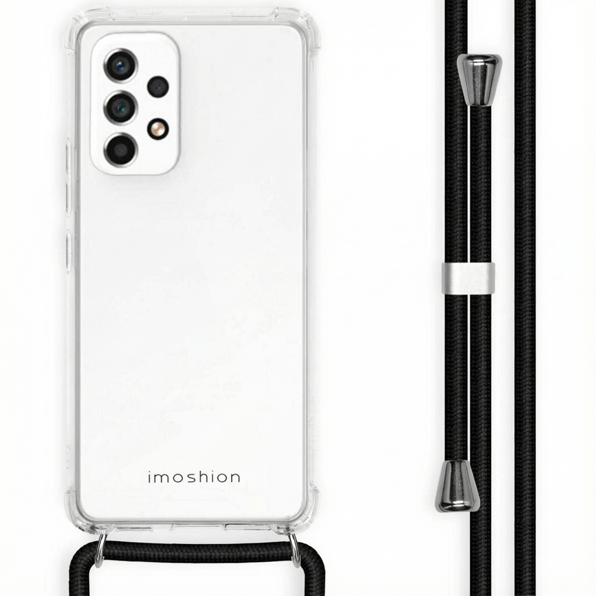 Een doorzichtige telefoonhoes met camera en zwart koord.