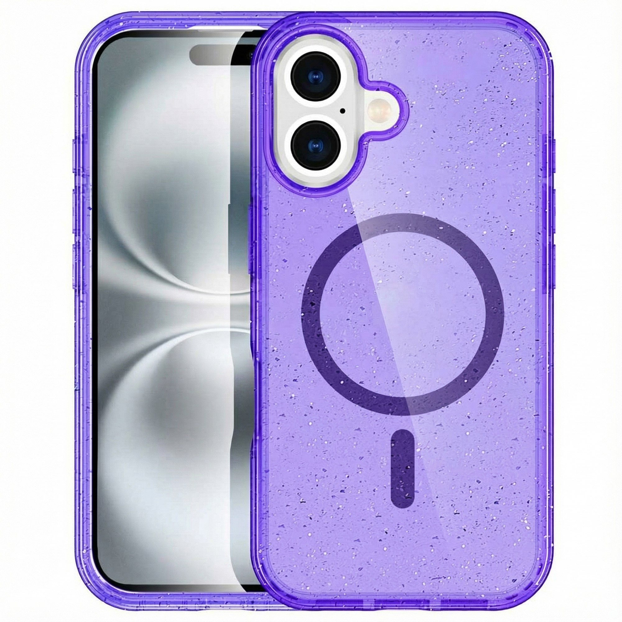 Coque de téléphone violette pailletée avec cercle MagSafe sur un téléphone.
