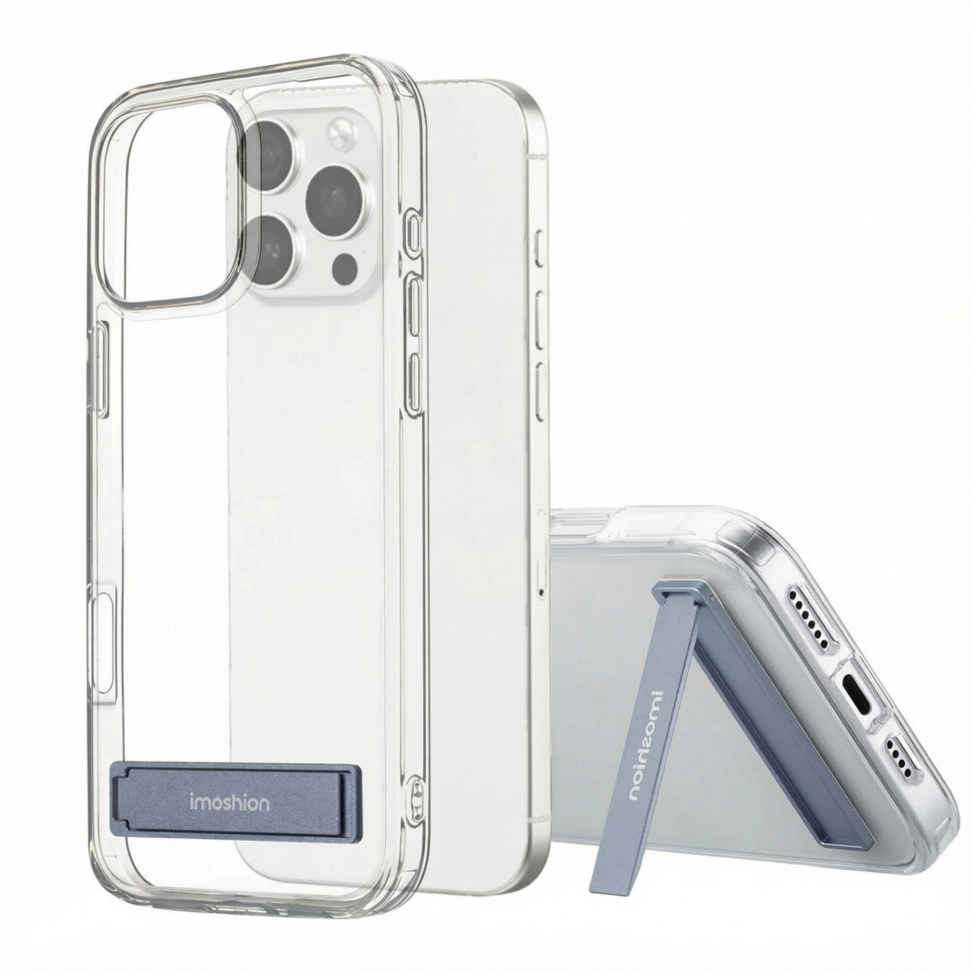 Custodia trasparente per iPhone 13 Pro con cavalletto blu integrato.