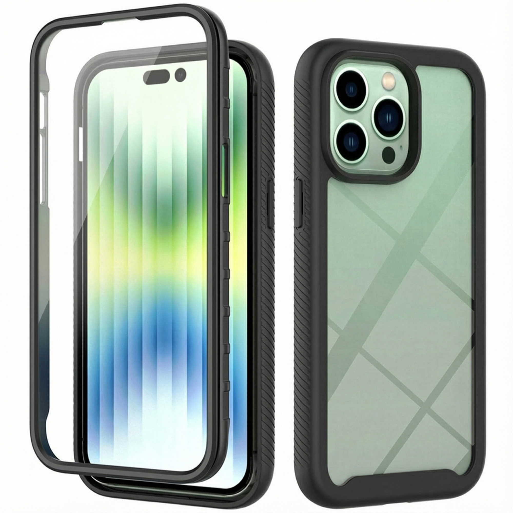 Deux coques de téléphone noires sur fond clair et vert.