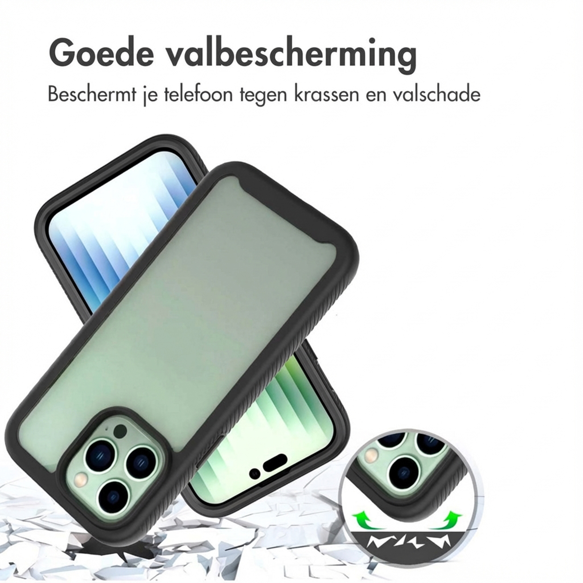Deux coques de téléphone vertes à bords noirs reposent sur des éclats blancs.