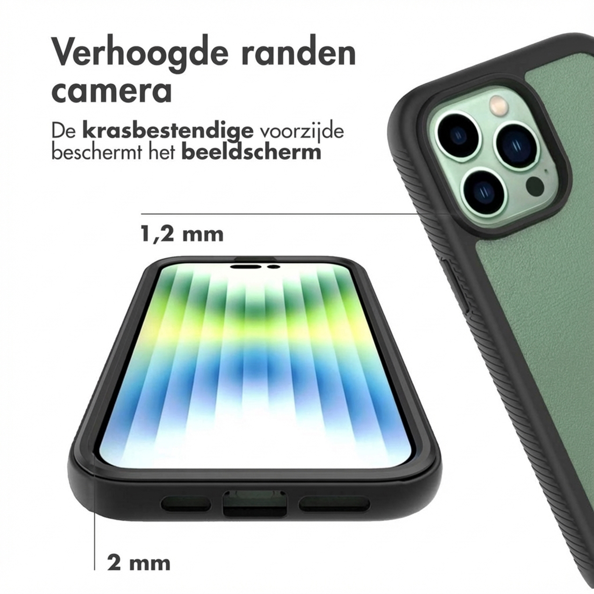 Coque de téléphone verte avec bords surélevés pour appareil photo et écran.
