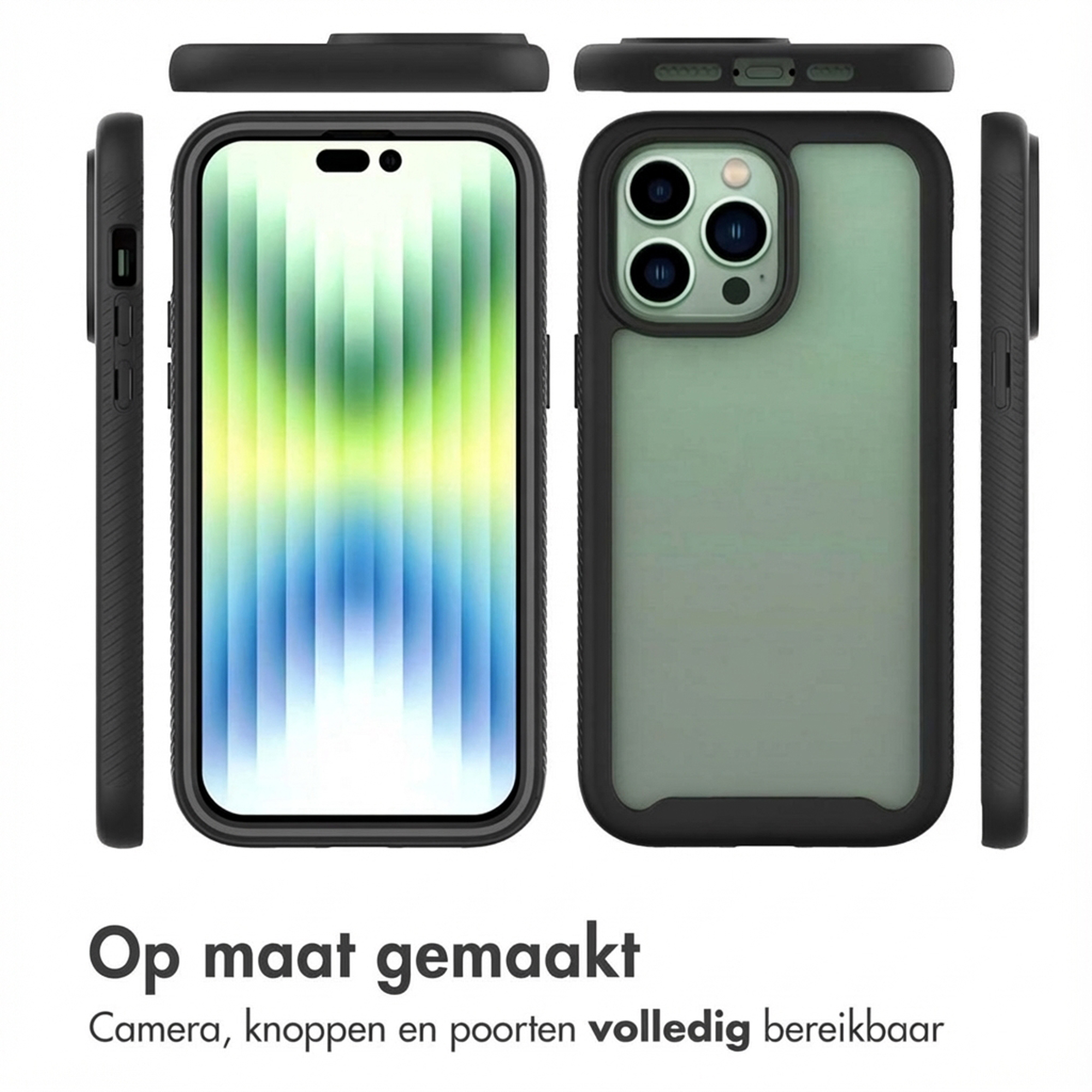 Coque de téléphone noire avec dos vert, montrée de face, de dos et de côté.