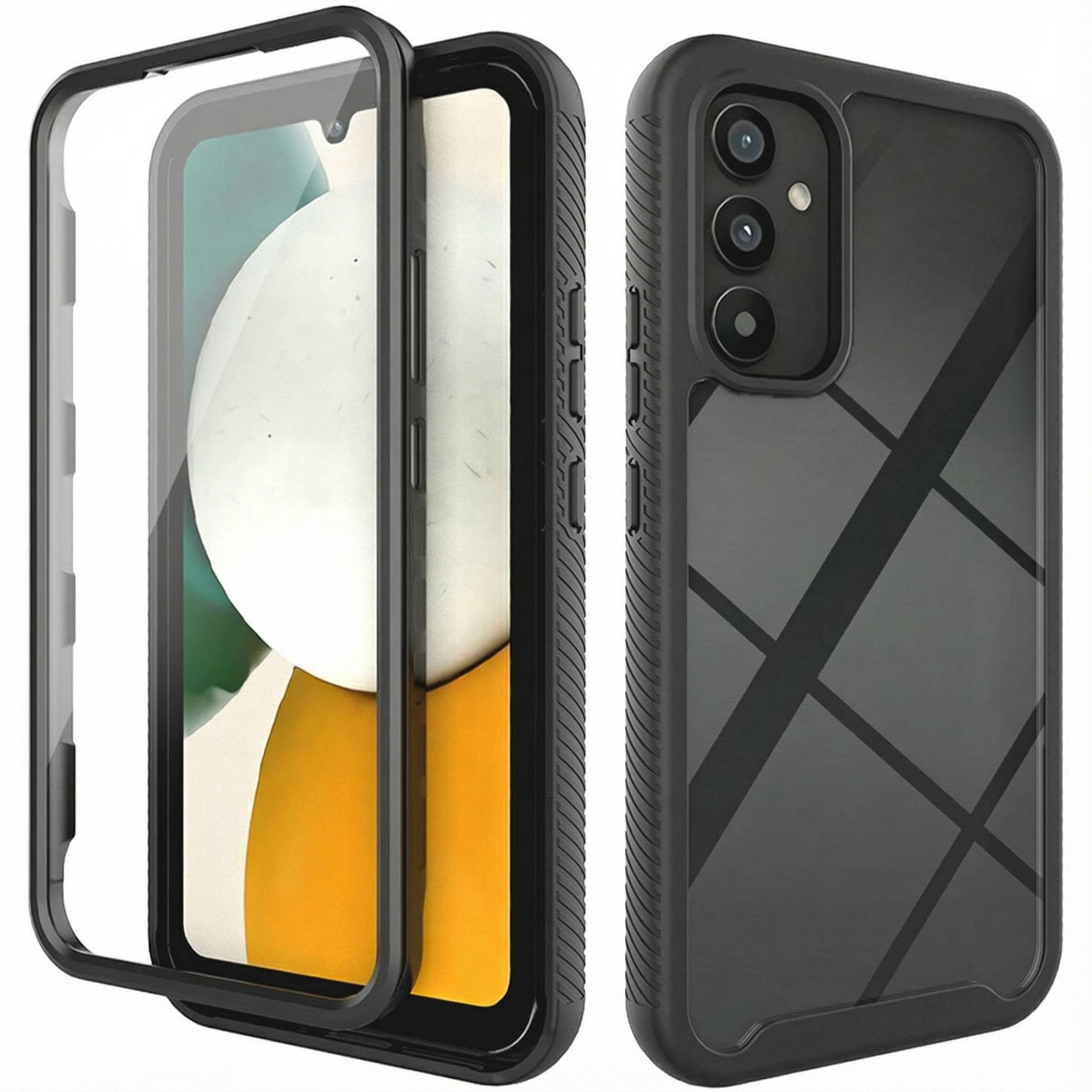 Un smartphone noir avec trois caméras dans un étui de protection.