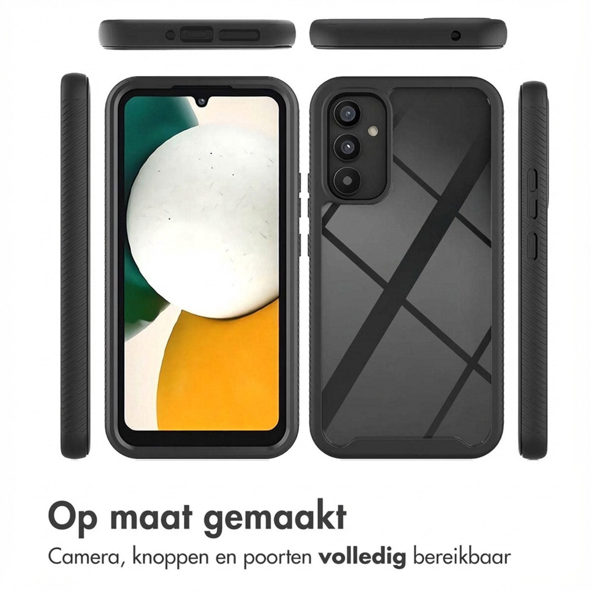 Coque de téléphone noire montrée sous tous les angles. Découpe caméra et boutons latéraux.