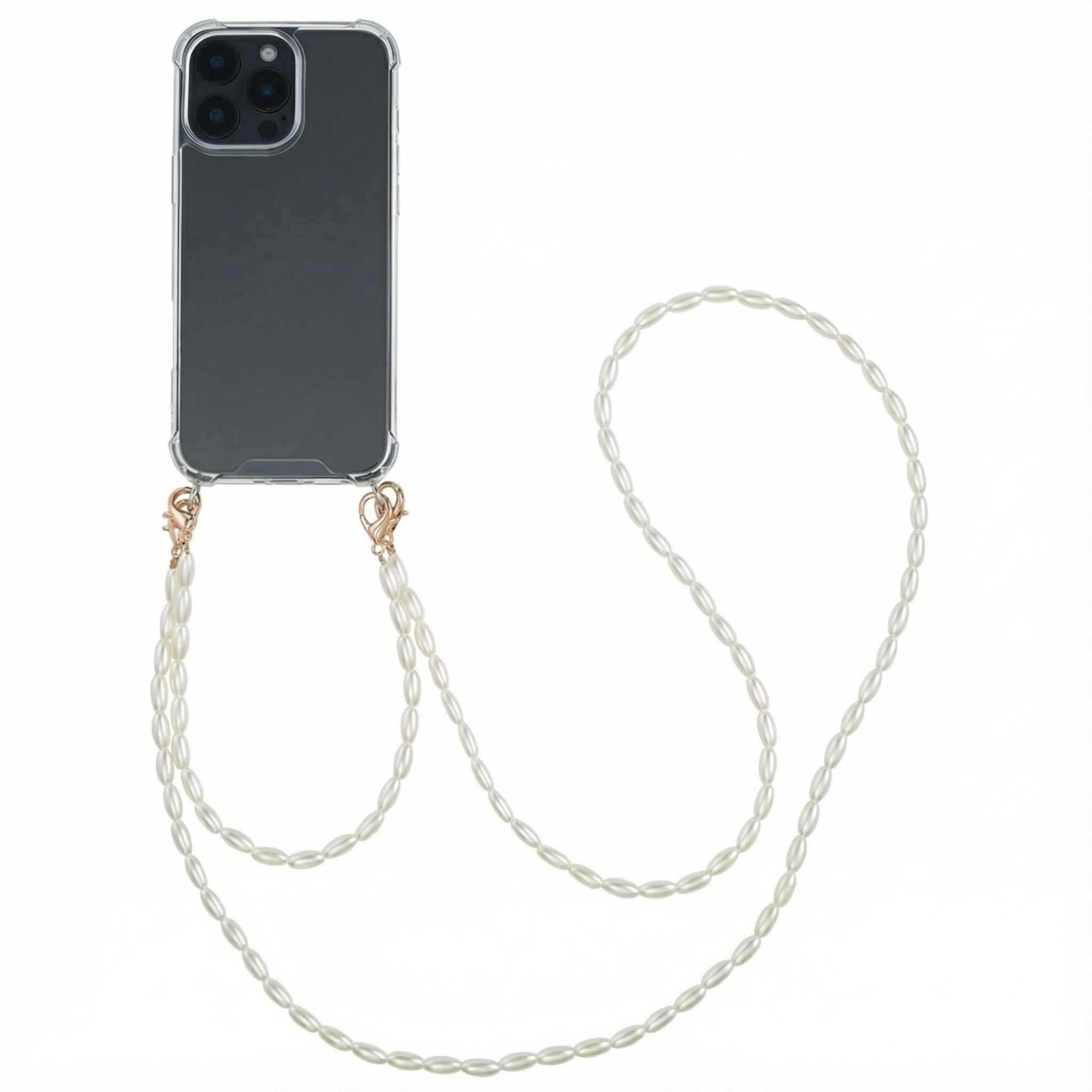 Een doorzichtige telefoonhoes met parelketting.