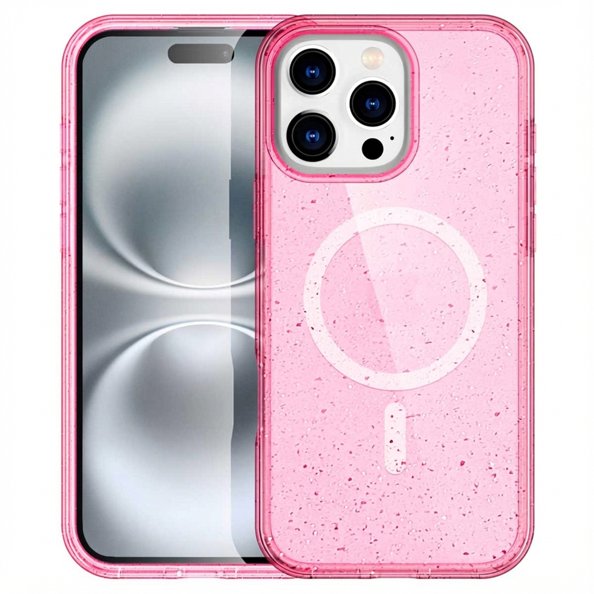 Coque de téléphone rose transparente pailletée avec module caméra.