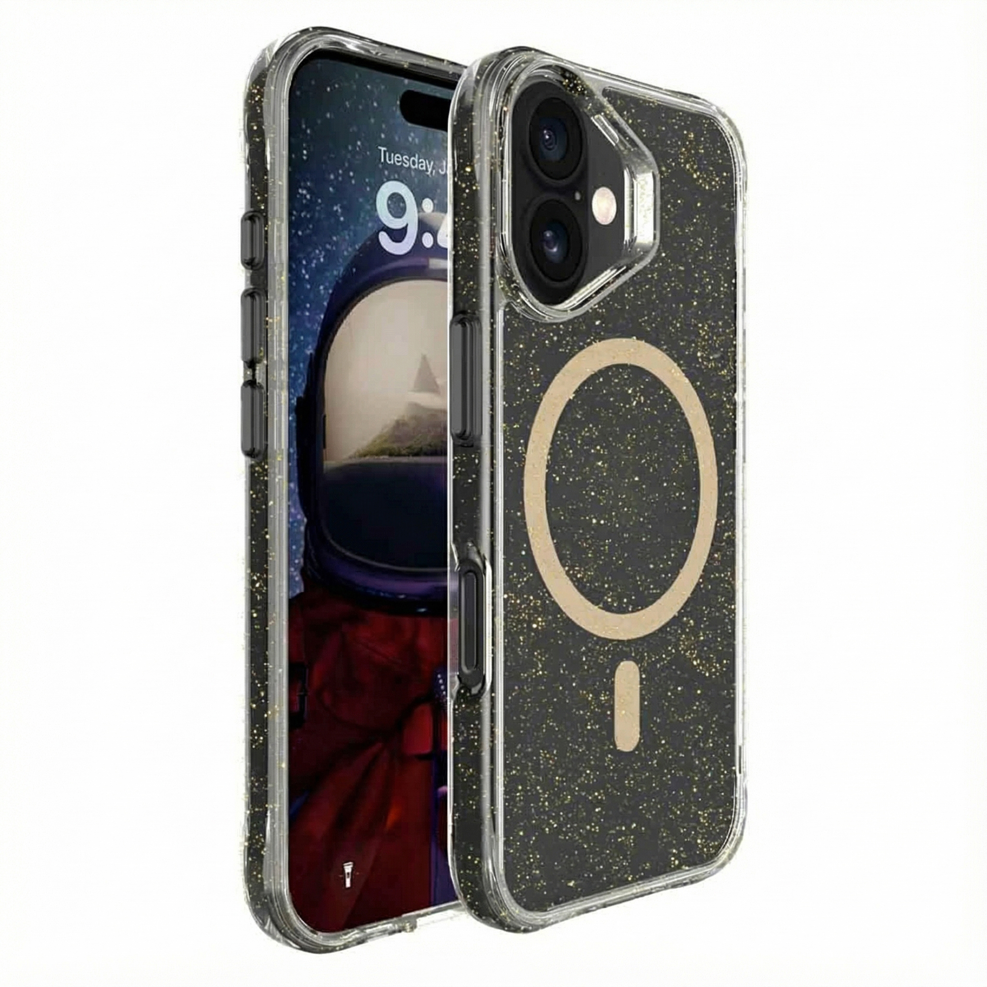 Een zwarte iPhone in een glitterhoes, met astronautenachtergrond.
