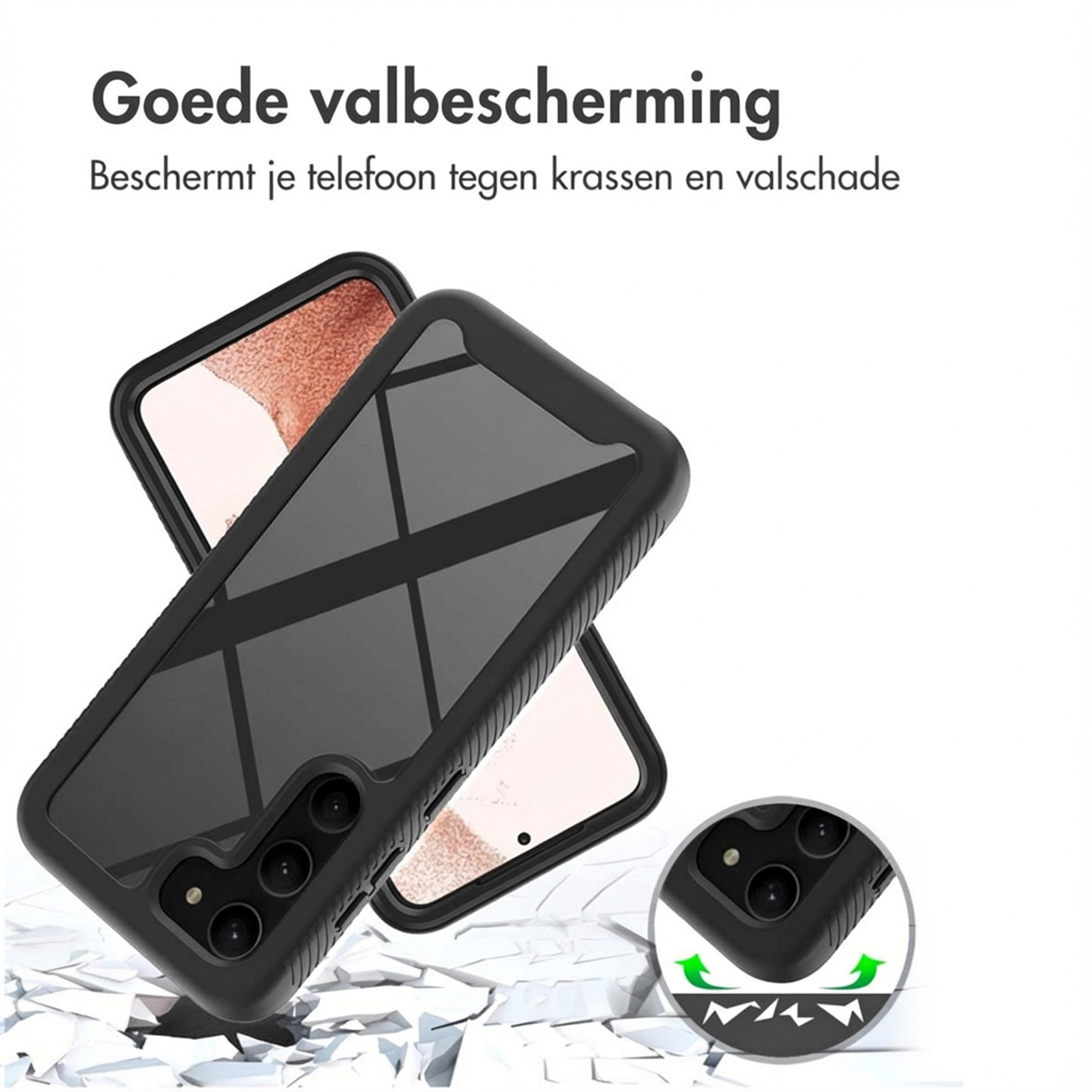 Zwarte telefoonhoes met camera-uitsparing op gebroken ondergrond.