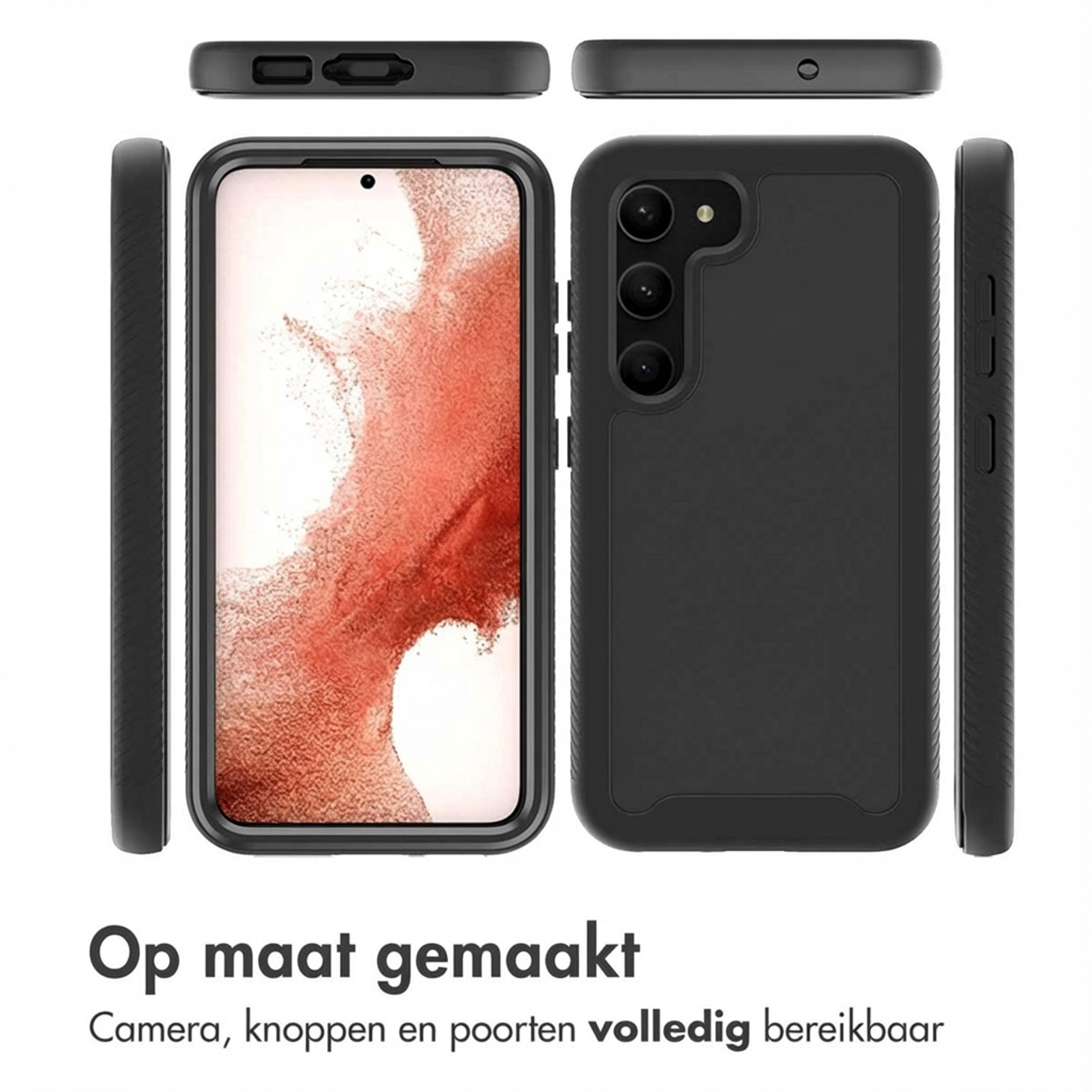 Zwarte telefoonhoes van diverse kanten, met camera, knoppen en poorten.