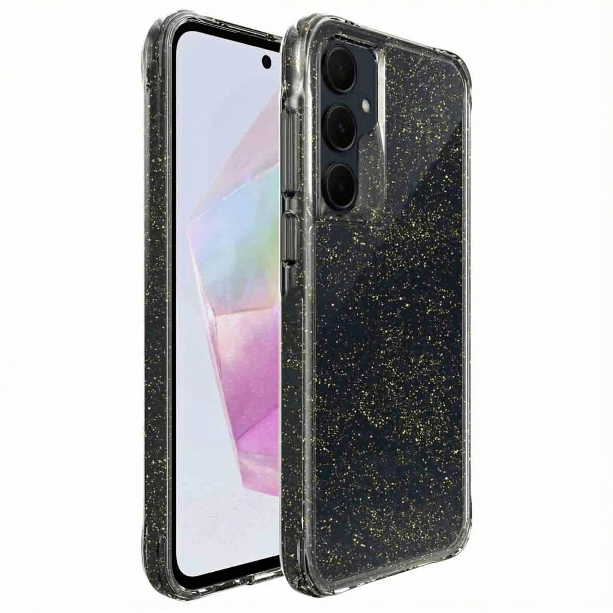 Zwarte telefoon met glitterhoes, zij-aanzicht.