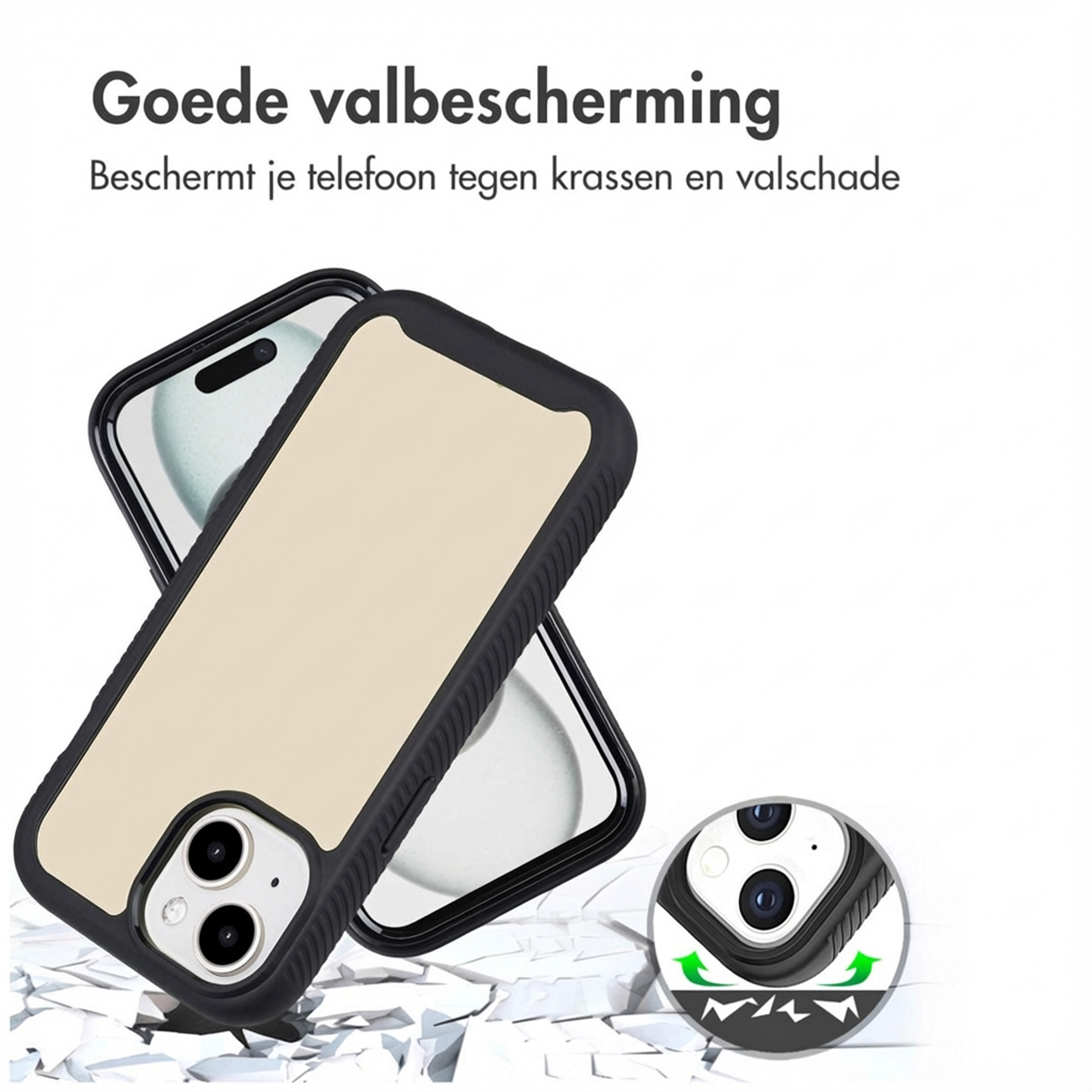 A light beige phone case with a black edge rests on broken white objects.